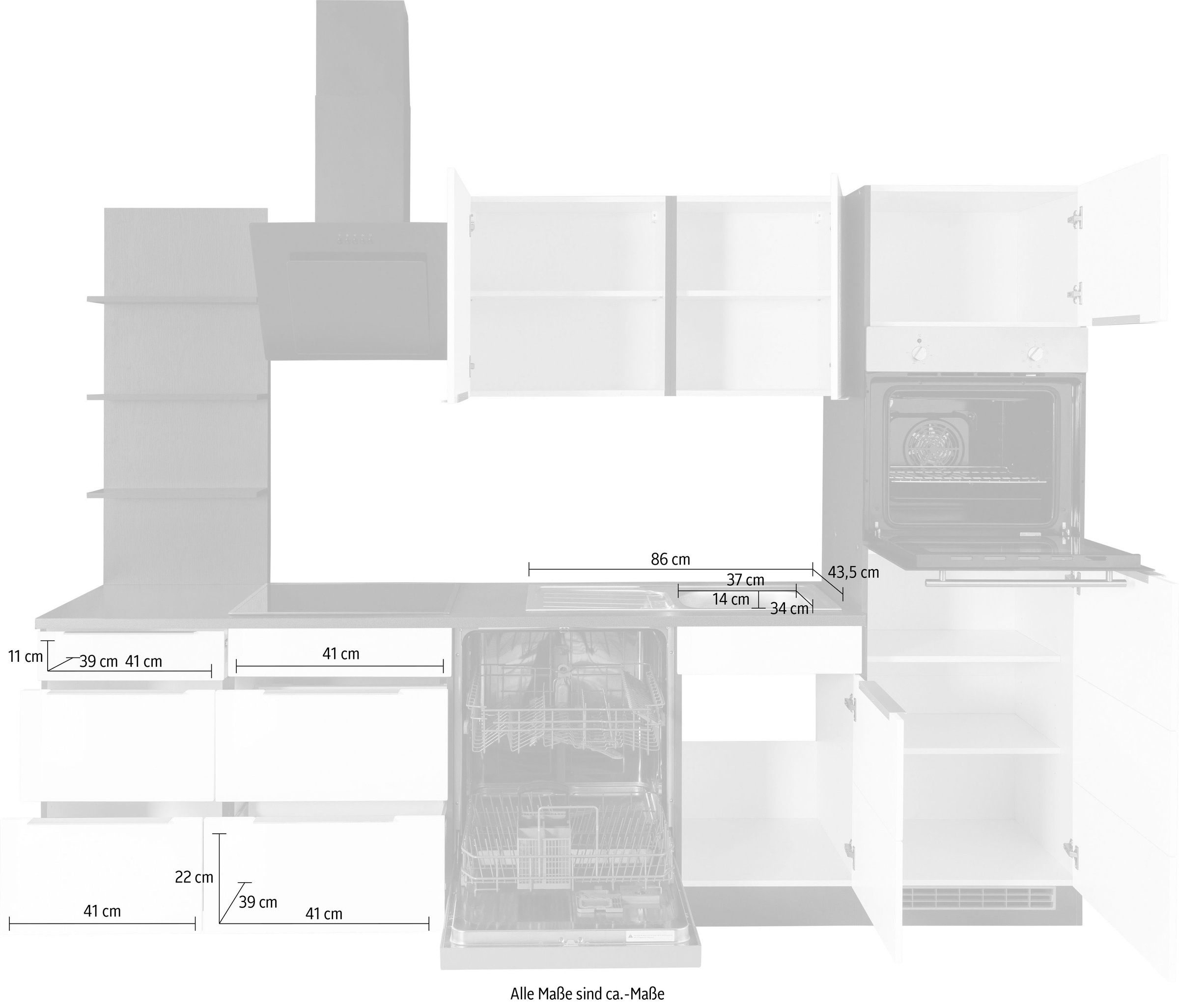 KOCHSTATION Küchenzeile »KS-Brindisi Breite 280 cm« wahlweise mit E-Geräten und Induktion, mit MDF-Fronten und Regal