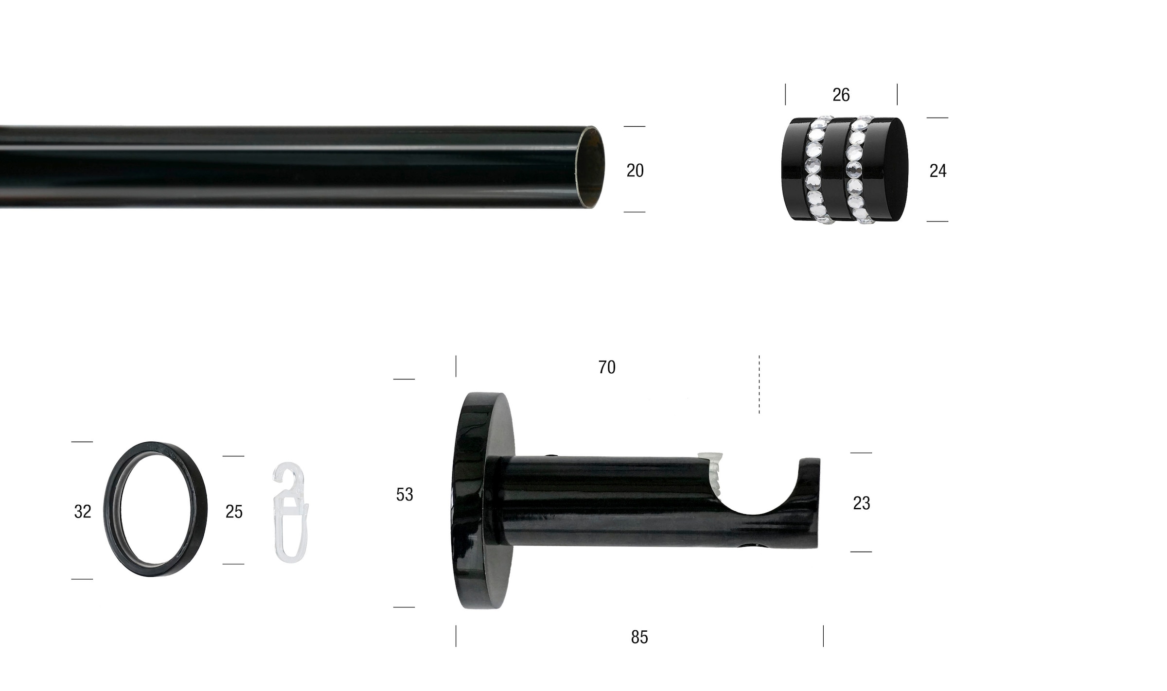 GARESA Gardinenstange »BLACK« Ø 20 mm 1 läufig-läufig Wunschmaßlänge Vorhanggarnitur, verlängerbar, Endkappe mit Glitzersteine