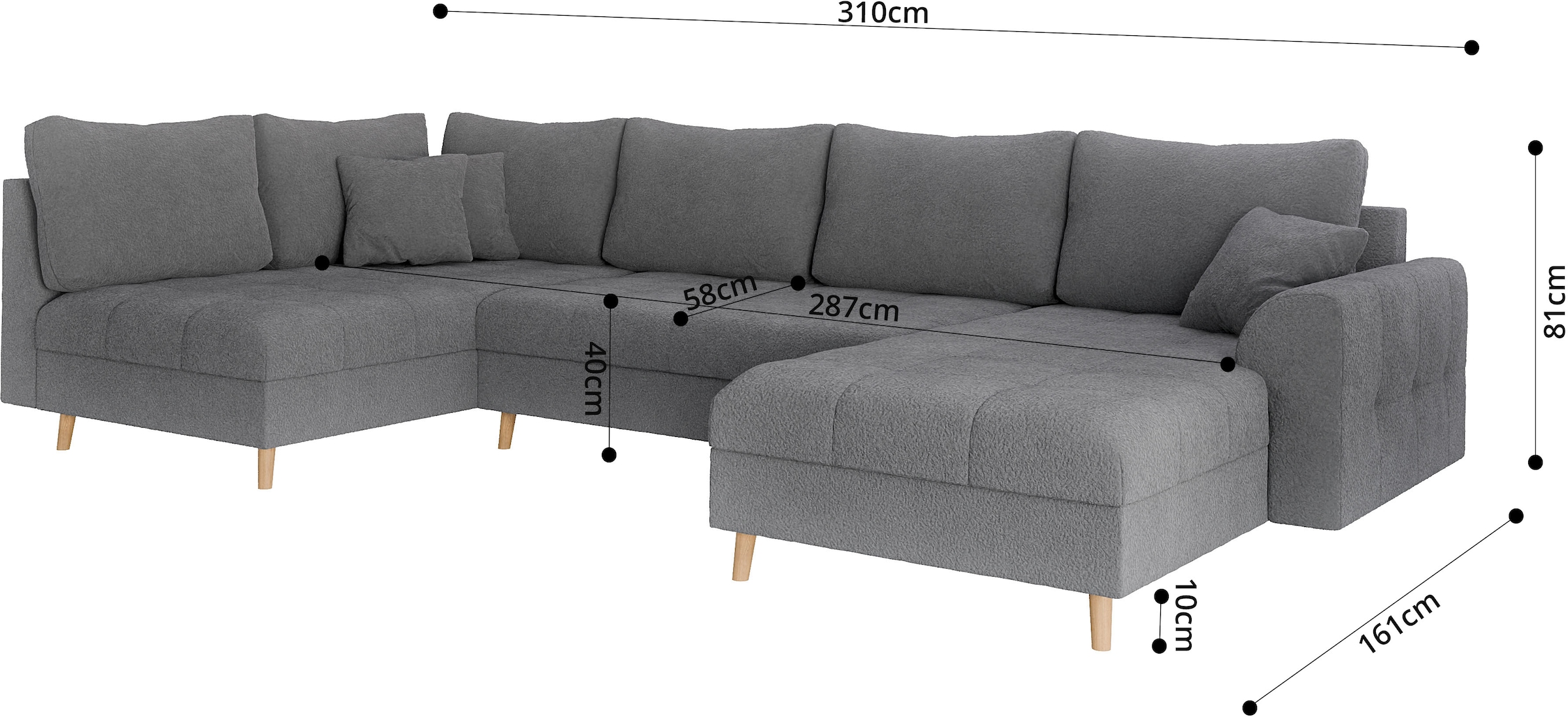 Home affaire Wohnlandschaft »CHARRE U-Form mit Ottomane, Maße B/T/H: 310/161/81 cm«, feine Steppung, lose Rücken- und Zierkissen, auch in Cord und Bouclé