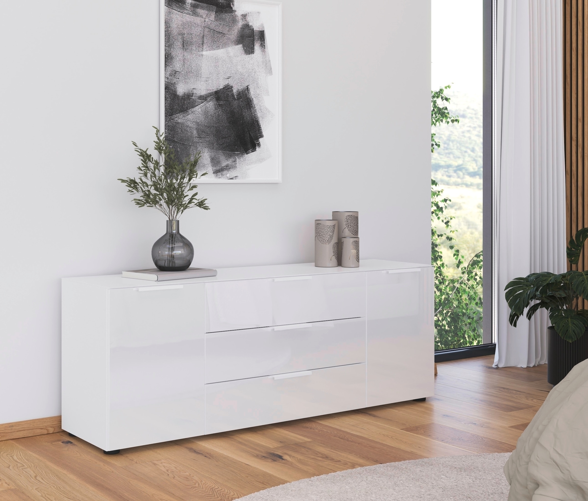 rauch Kombikommode »Kommode Türkommode Sideboard Kombikommode FLIPP mit Glasfront«, (Breite 160 cm mit 2 Einlegeböden), 2-türig, 3 Schubladen, Soft-Close-Funktion, Oberboden und Front Glas
