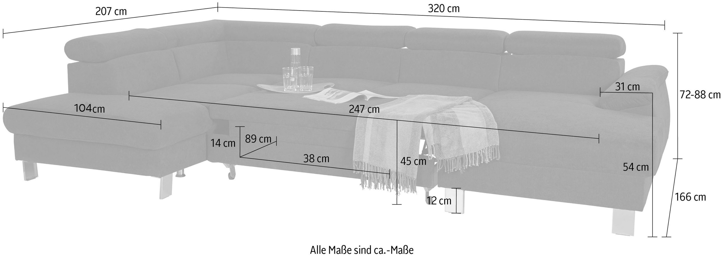 COTTA Wohnlandschaft »Komaris U-Form, B: 320 cm«, mit Kopfteilverstellung, optional Bettfunktion, Bettkasten & Licht