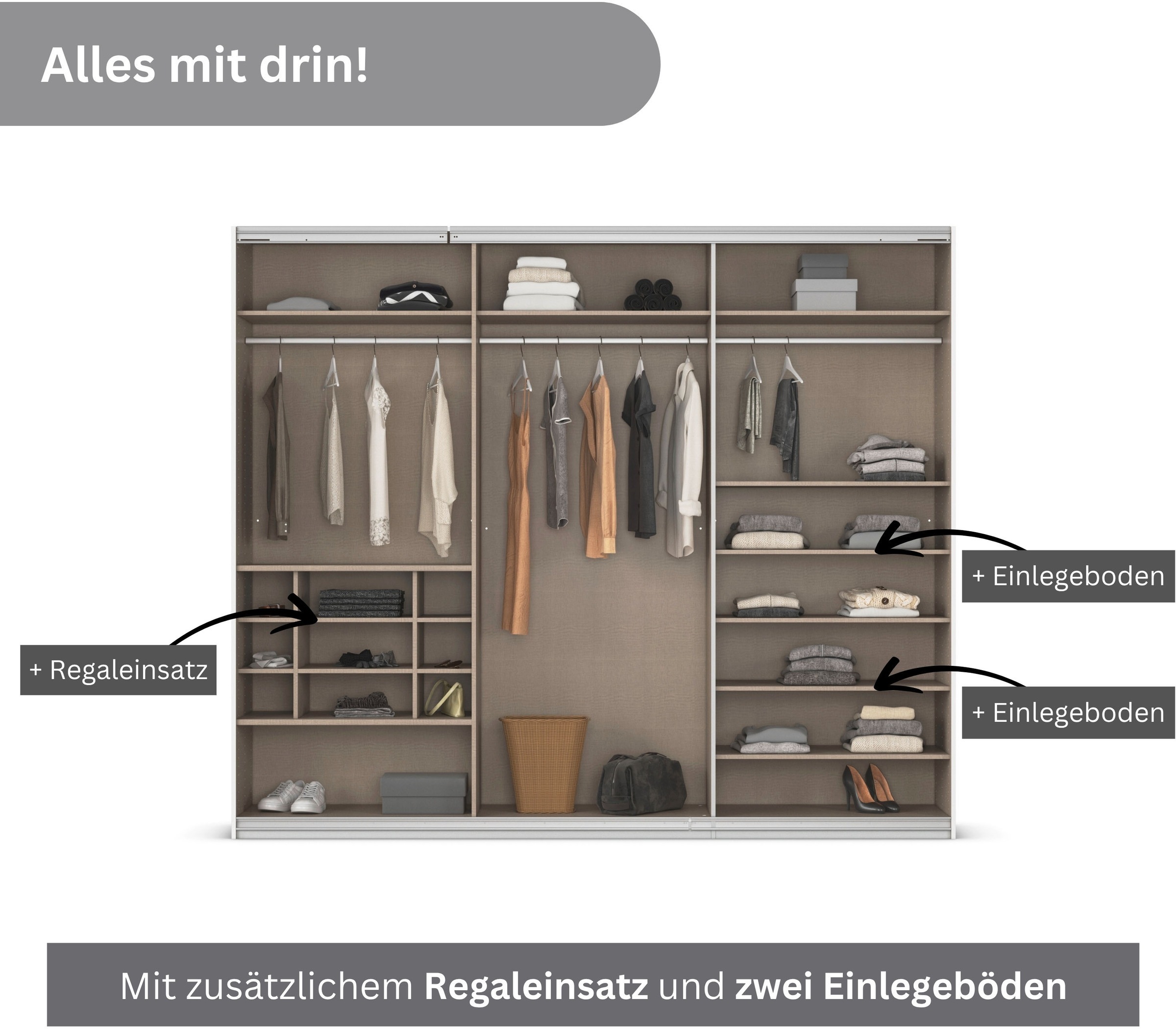 rauch Schwebetürenschrank »Kleiderschrank Schrank Garderobe Wäscheschrank TOMA mit Passepartout«, inkl. Regaleinsatz sowie zusätzlichen Einlegeböden MADE IN GERMANY