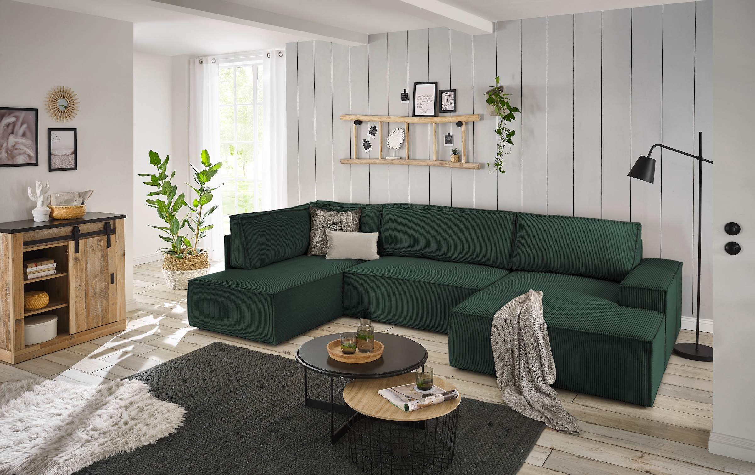 Home affaire Wohnlandschaft »SHERWOOD 329 cm, U-Form, Schlafsofa,«, Schlaffunktion m. Bettkasten (194x139 cm), Cord, Vintage, Samtvelours
