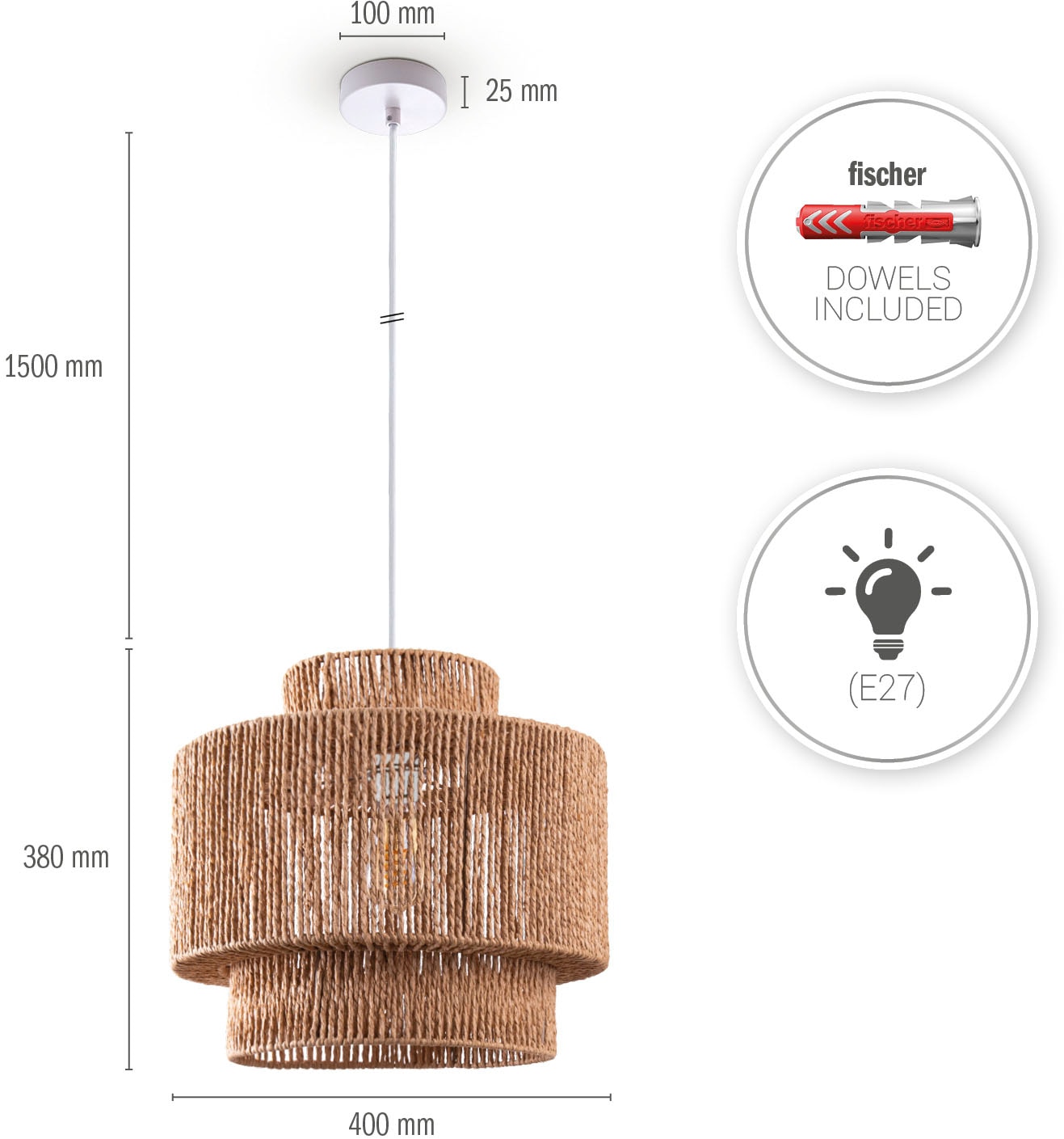 Paco Home Pendelleuchte »Hugo Lupita«, Leuchtmittel E27 | ohne Leuchtmittel, Wohnzimmer Esszimmer Rattan Optik Boho Lampenschirm Papier
