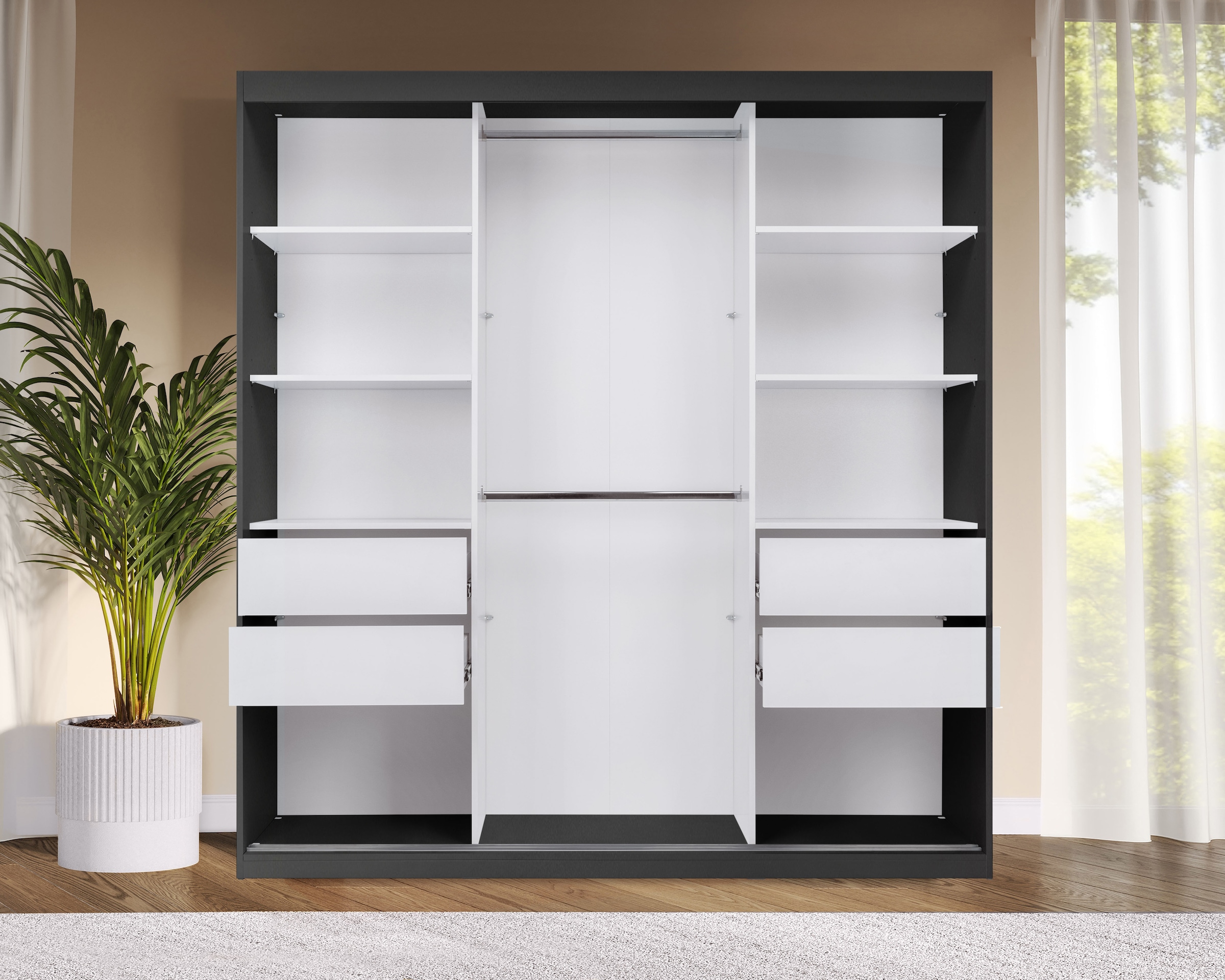OTTO home Schwebetürenschrank »Tonara Schrank, Kleiderschrank 2,00m Breite, Schiebetürenschrank« Schrank mit leichtgängiger Schiebetür, in 4 Farben , Top Ausstattung,  inklusive Spiegeltür, 2 Kleiderstangen & 4 Schubkastenauszügen