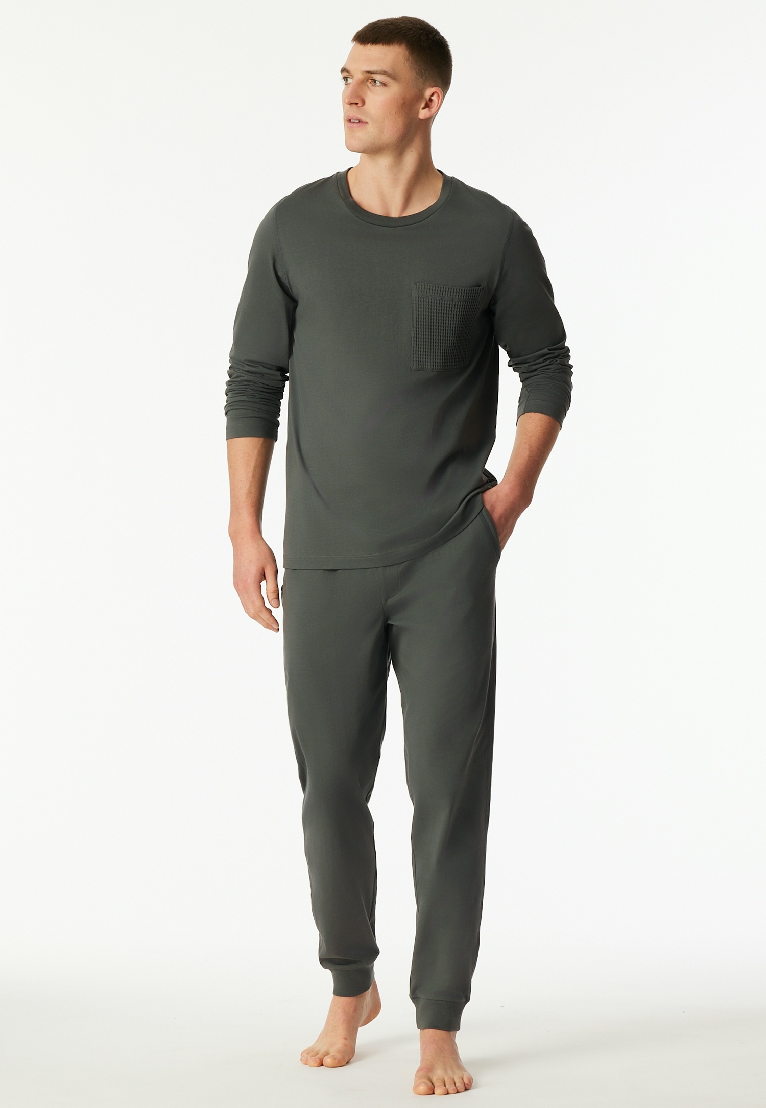 Schiesser Schlafanzug »Modern Nightwear« 2 tlg. seitliche Taschen, Brusttasche, Langarm, Baumwolle, Single Jersey