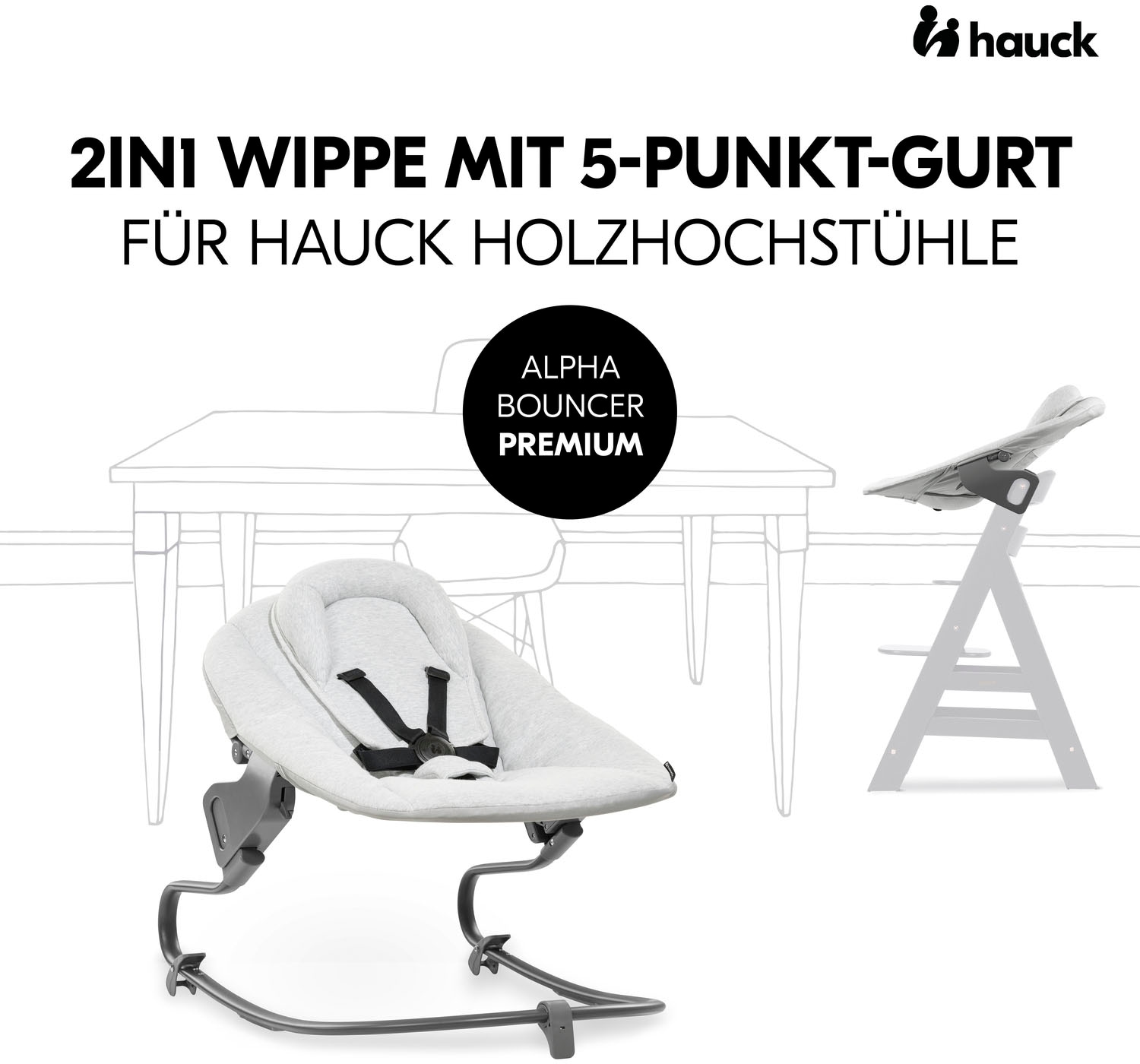Hauck Babywippe »Alpha Bouncer Premium, Light Grey«, bis 9 kg, für Neugeborene mit Wippgestell, für Hochstuhl Alpha+ und Beta+