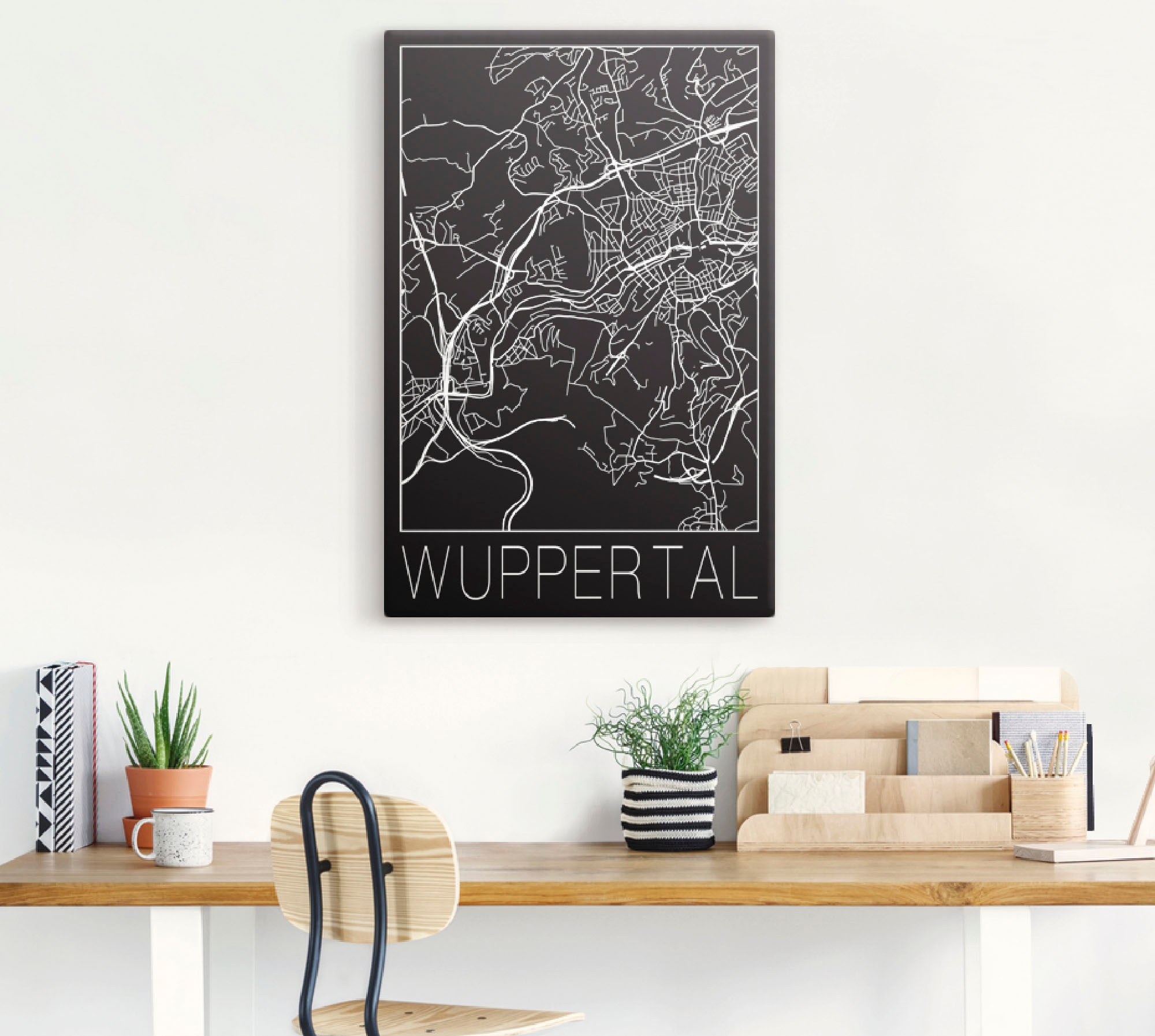 Artland Leinwandbild »Retro Karte Wuppertal Schwarz«, Deutschland, (1 St.), auf Keilrahmen gespannt