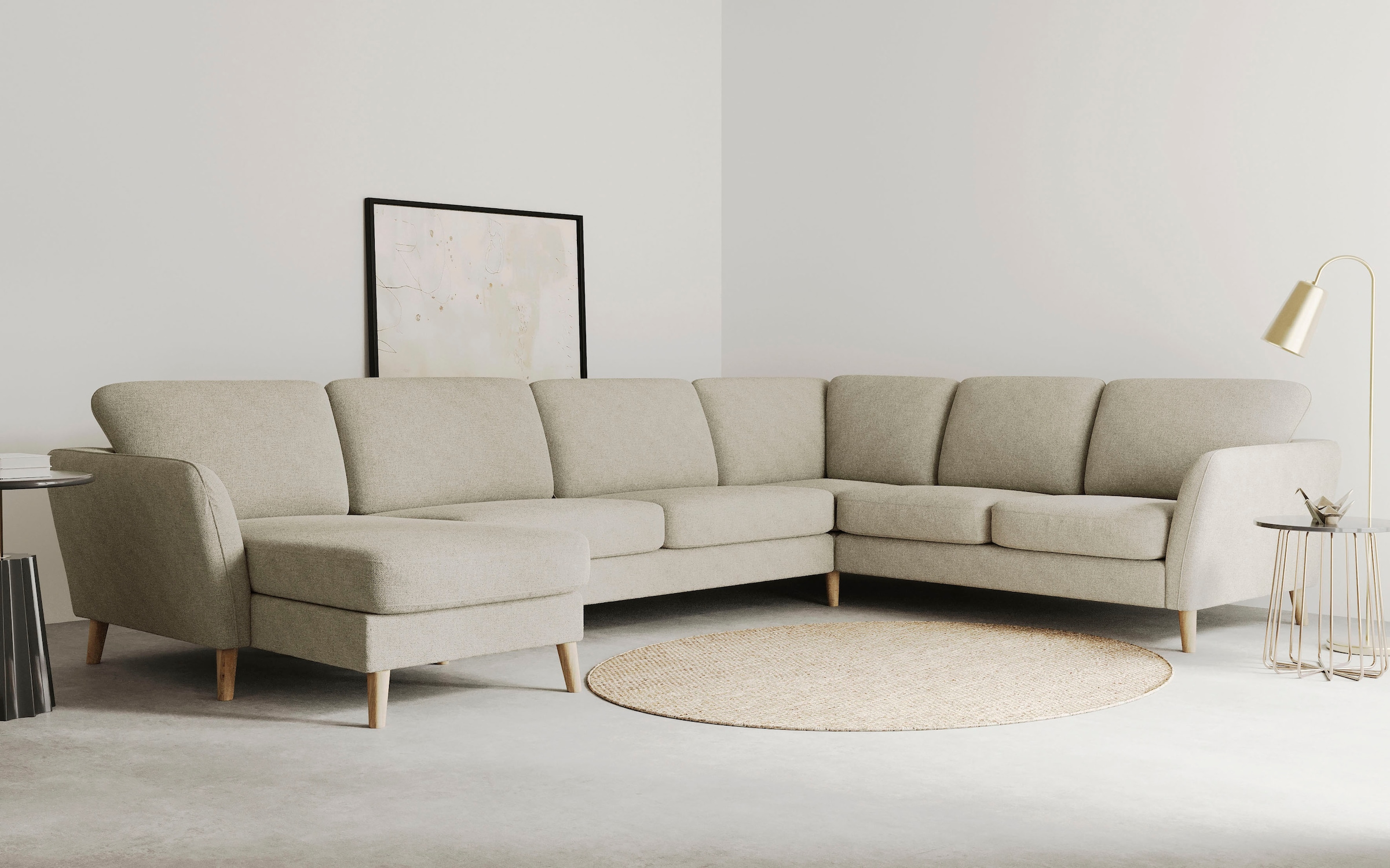 Home affaire Wohnlandschaft »MARSEILLE XXL 349cm, U-Form, Ottomane rechts/links wählbar« Massivholzbeine Eiche, Landhausstil, Wellenunterfederung