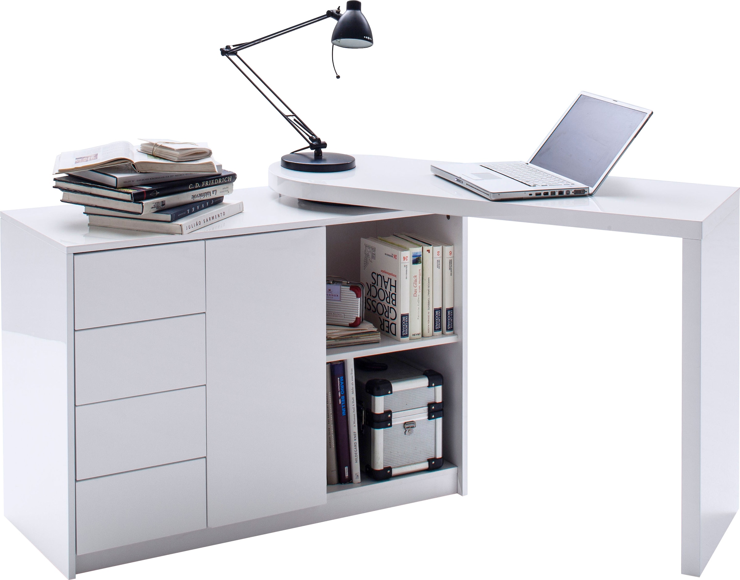»Matt«, MCA Weiß furniture Schwenkbar Rechnung bestellen Tischplatte auf Hochglanz Schreibtisch Regalschrank, mit