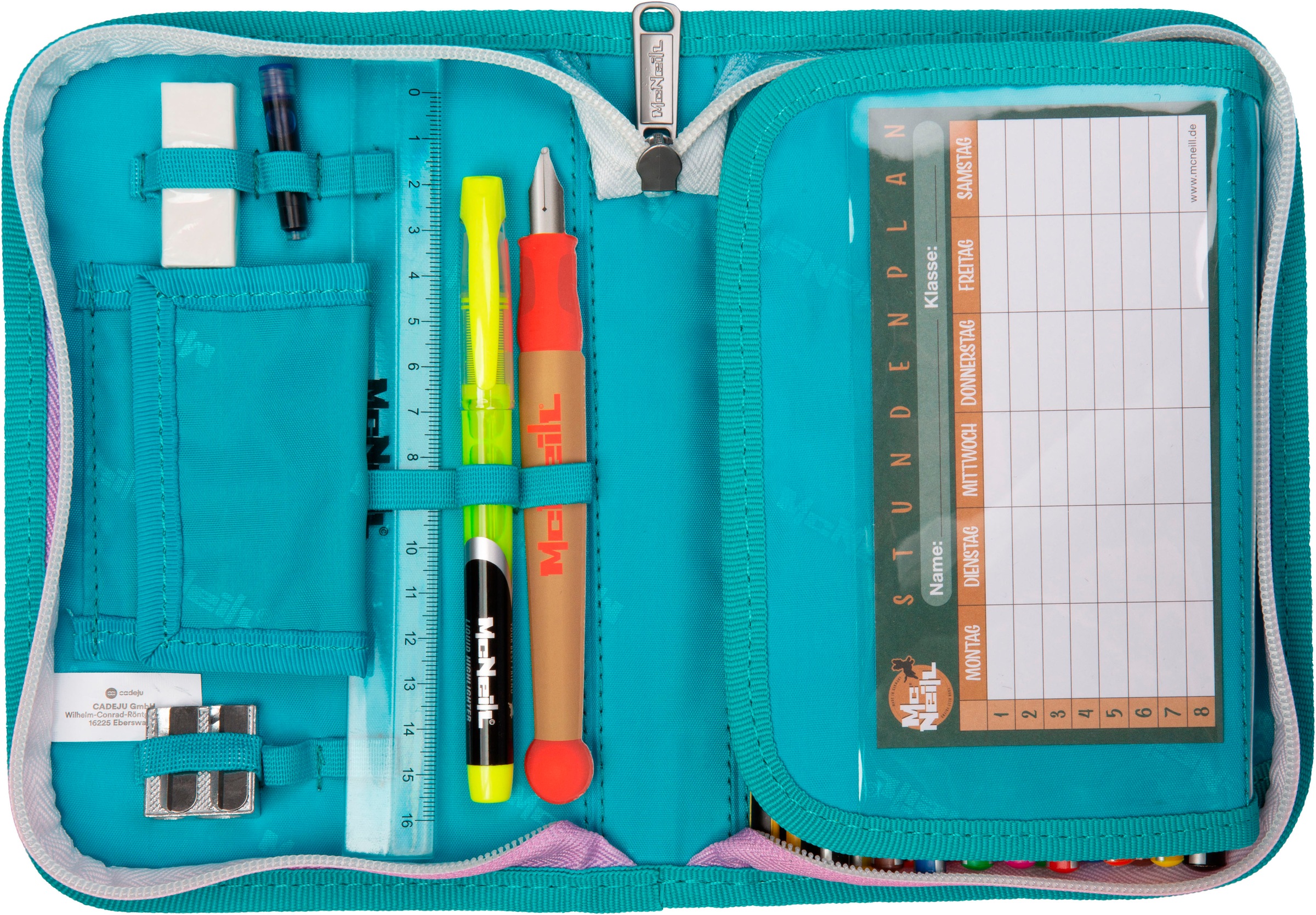 McNeill Schulranzen »Perfecto, Blueberry« reflektierende Streifen auf den Schultergurten;retroreflektierende Flächen inkl. Federmäppchen, Turnbeutel, Schlamperrolle & Motivmagnet