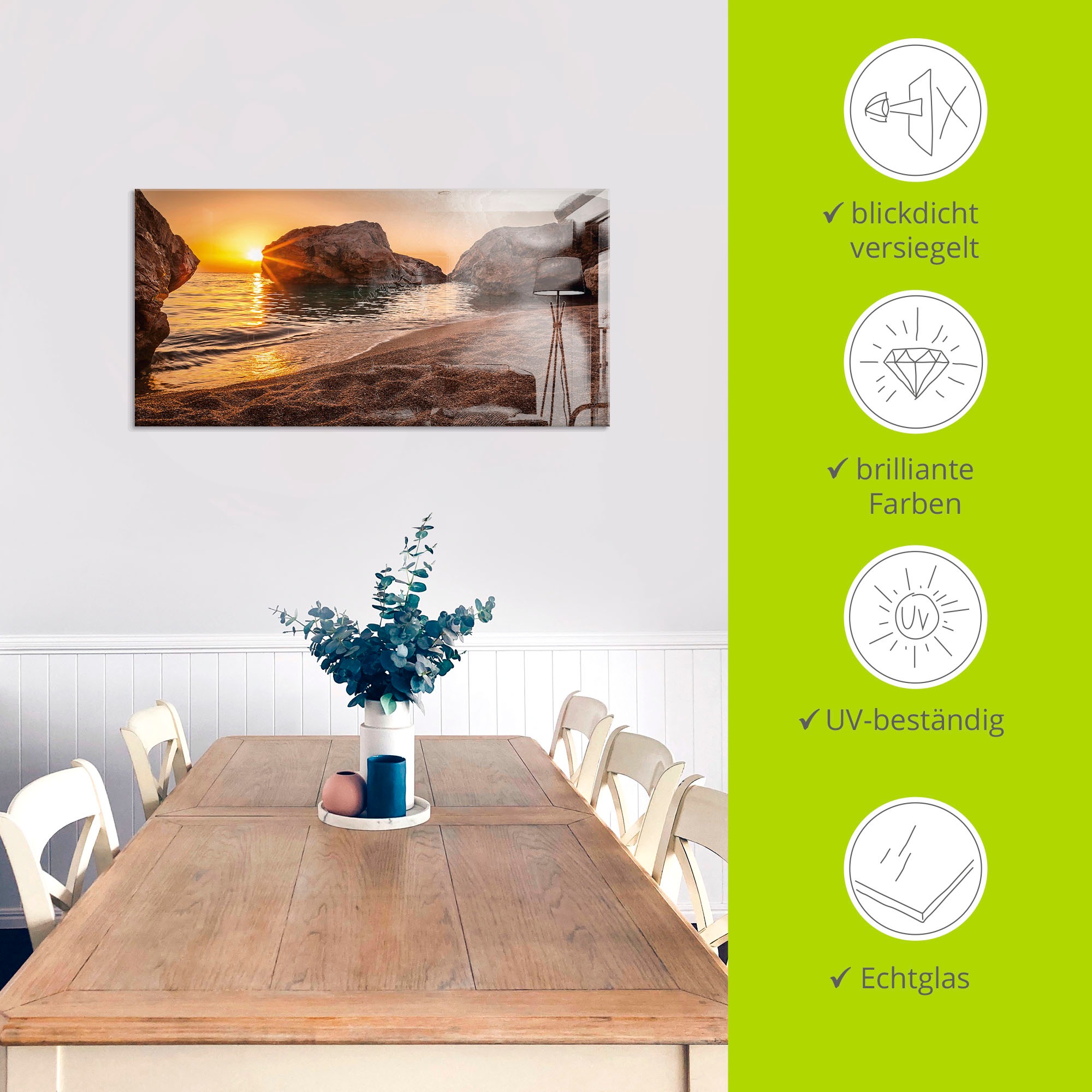 Artland Glasbild »Sonnenuntergang und Strand«, Strand, (1 St.), in verschiedenen Größen
