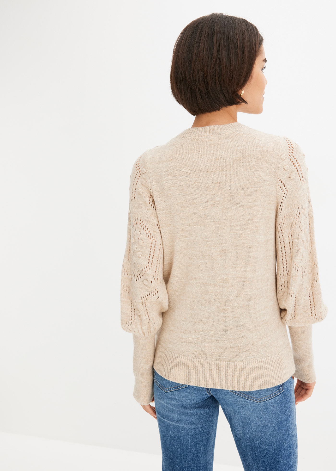 bonprix Strickpullover Ballonärmel mit tollem Ajourmuster und extra breitem Strickbündchen