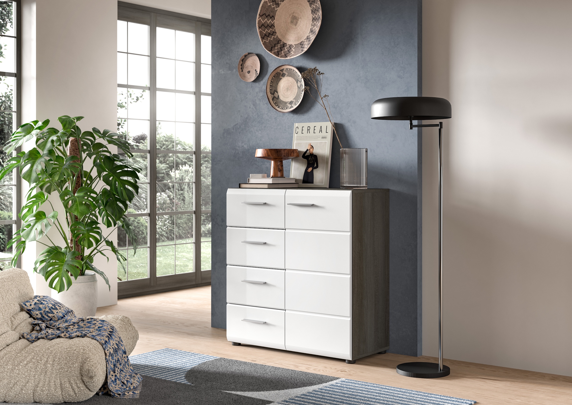 Home affaire Kommode "Rumba, Breite 80cm, in Rauchsilber Nachbildung/Weiß Hochglanz" Kommode, Sideboard, Schrank