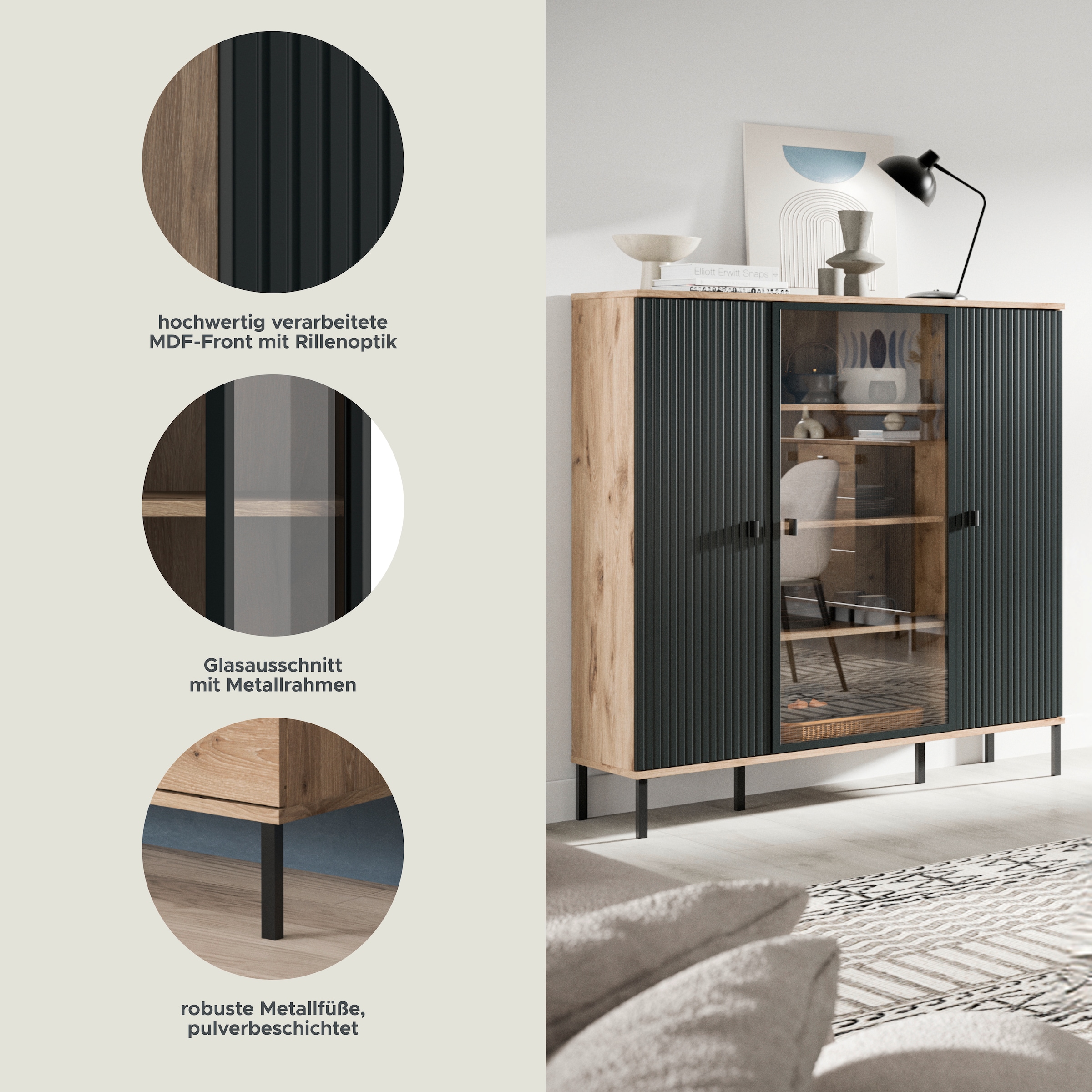 INOSIGN Highboard »TREVERK, Breite: 115 cm, hochwertige MDF-Front schwarz tiefzieh« 1 Stk. tlg. Highboard, Wohnzimmer, Esszimmer