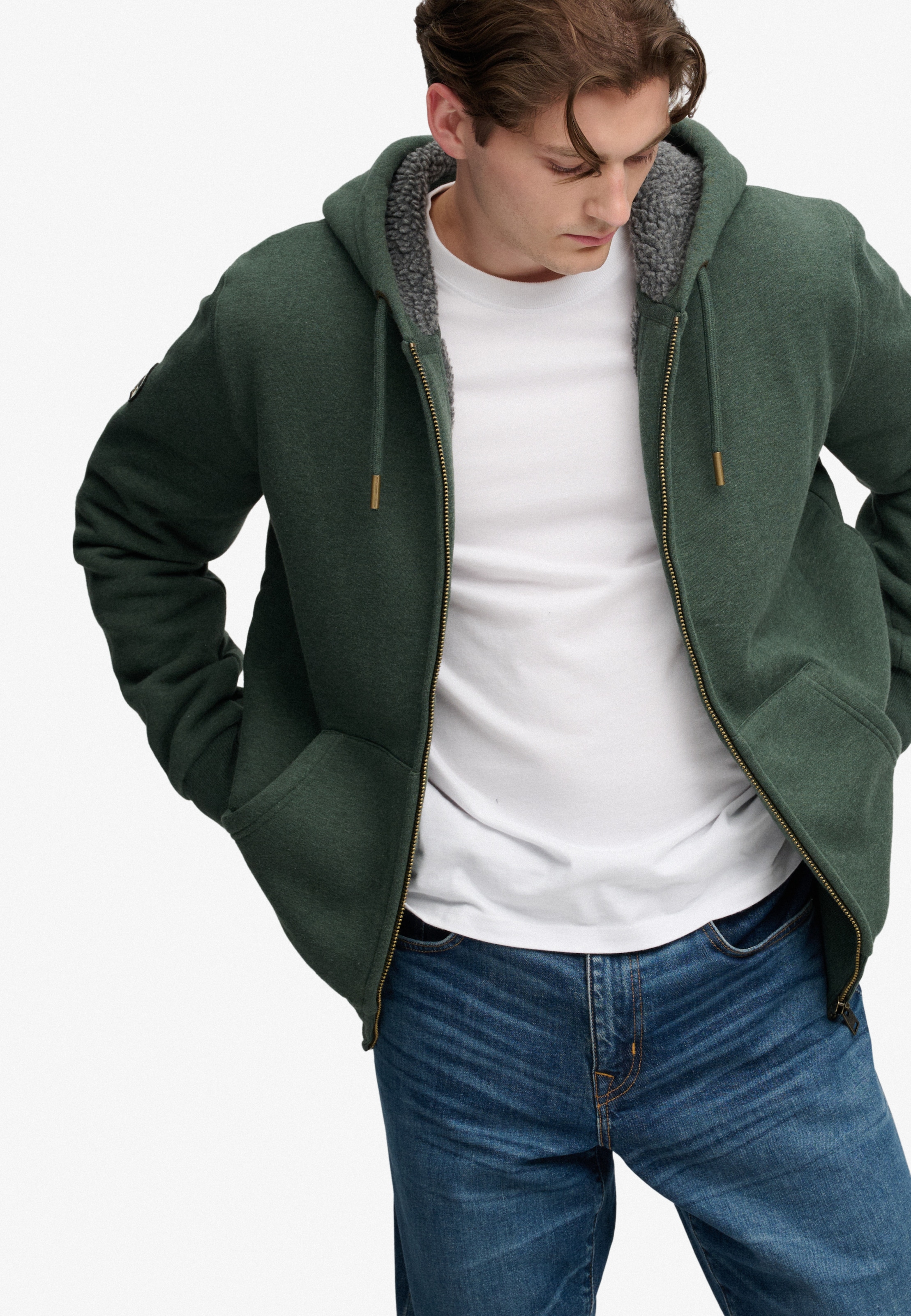 Superdry Kapuzensweatjacke »BORG LINED ZIPHOOD« Baumwollmischung, slim fit