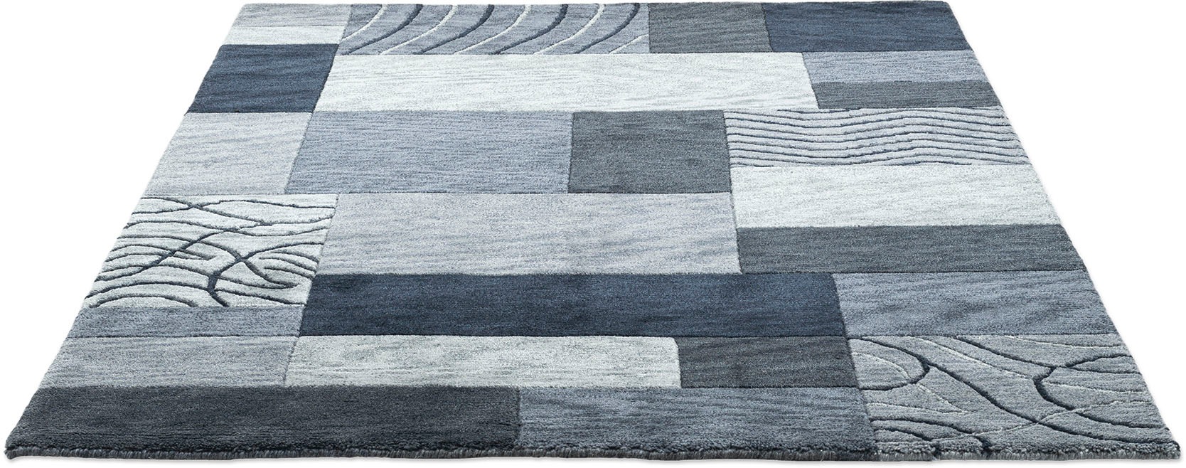 THEKO Wollteppich »Domas 4028«, rechteckig, 12 mm Höhe, Kurzflor, reine Wolle, handgeknüpft, modernes Patchwork Design