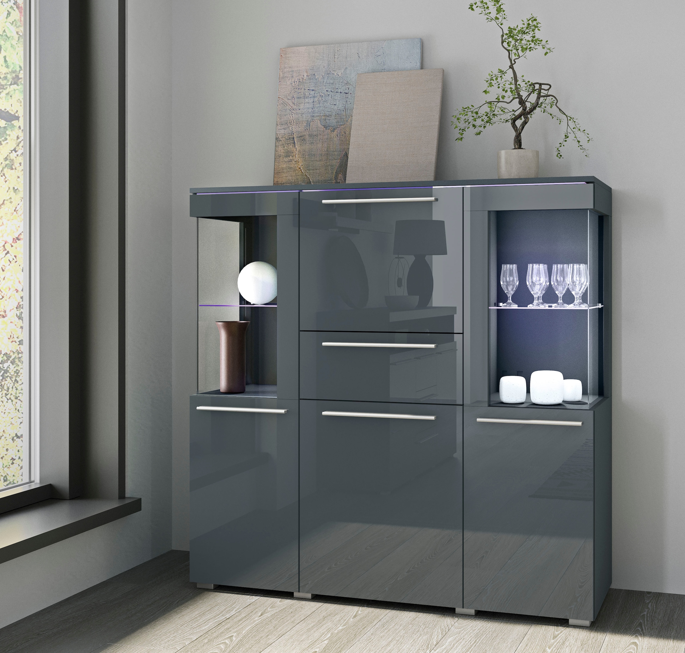 INOSIGN Highboard »India,Breite 130cm, stilvolle Hochkommode 3Türen, Klappe und Schublade«, Hochschrank viel Stauraum, Einlegeböden verstellbar,ohne Beleuchtung