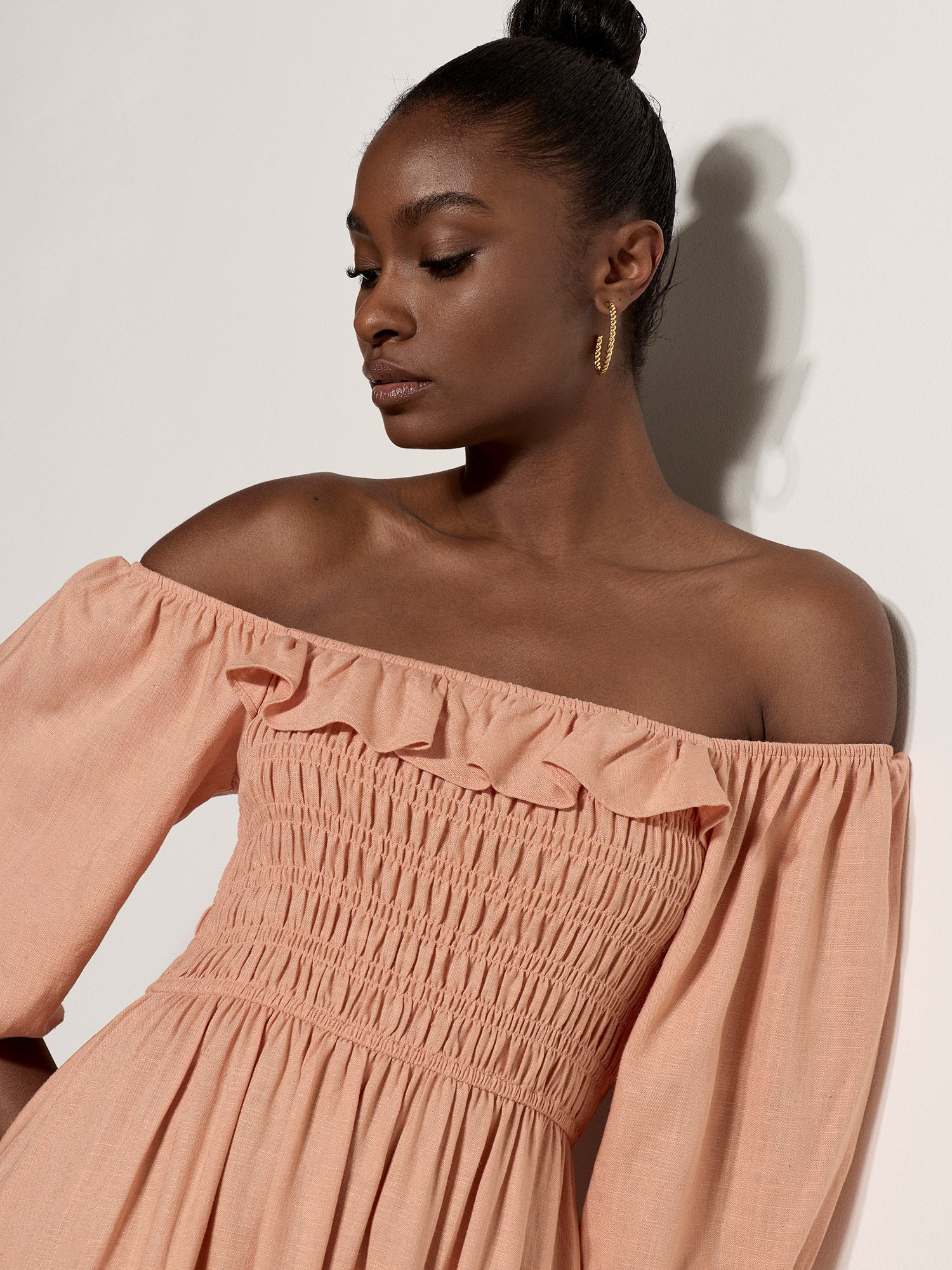 Apricot Maxikleid »Langes Kleid mit Bardot-Ausschnitt« mit Raffungen