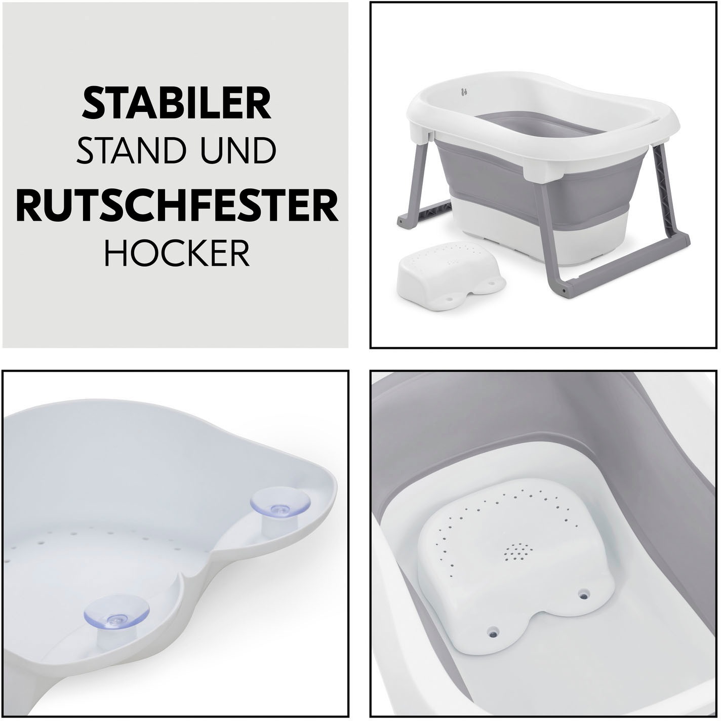 Hauck Babybadewanne »Wash N Fold L, White/Stone« Höhe 44 cm Standbeine | wärmeempfindlicher Ablaufstopfen | zusammenfaltbar Faltbadewanne mit Wassertemperaturmessung am Ablaufstopfen