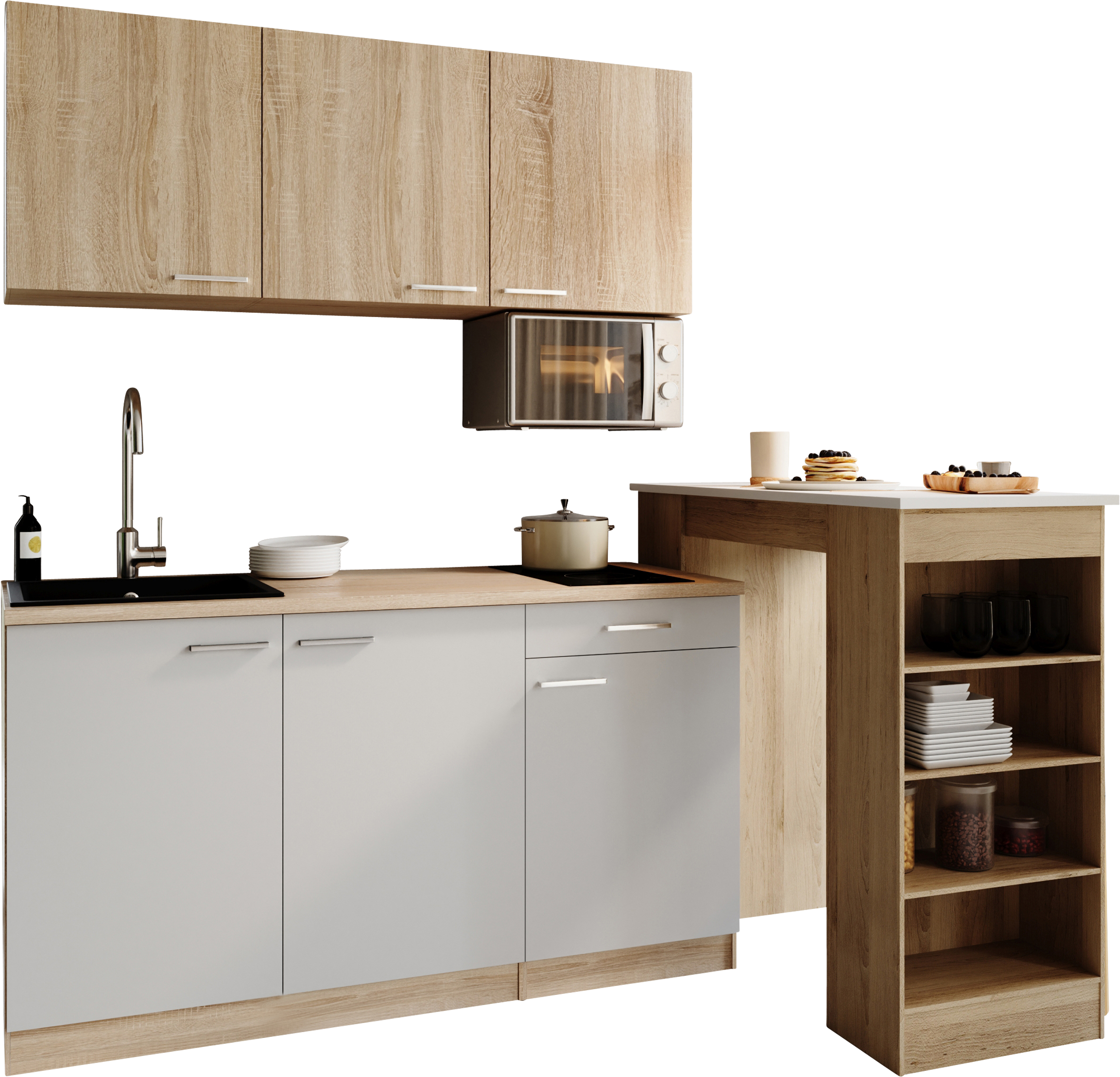 RESPEKTA Pantryküche »Ingrid, inkl. Tresentisch und Mikrowelle« zerlegt, wahlweise mit Kühlschrank, Soft-Close-Funktion, Breite 150 cm