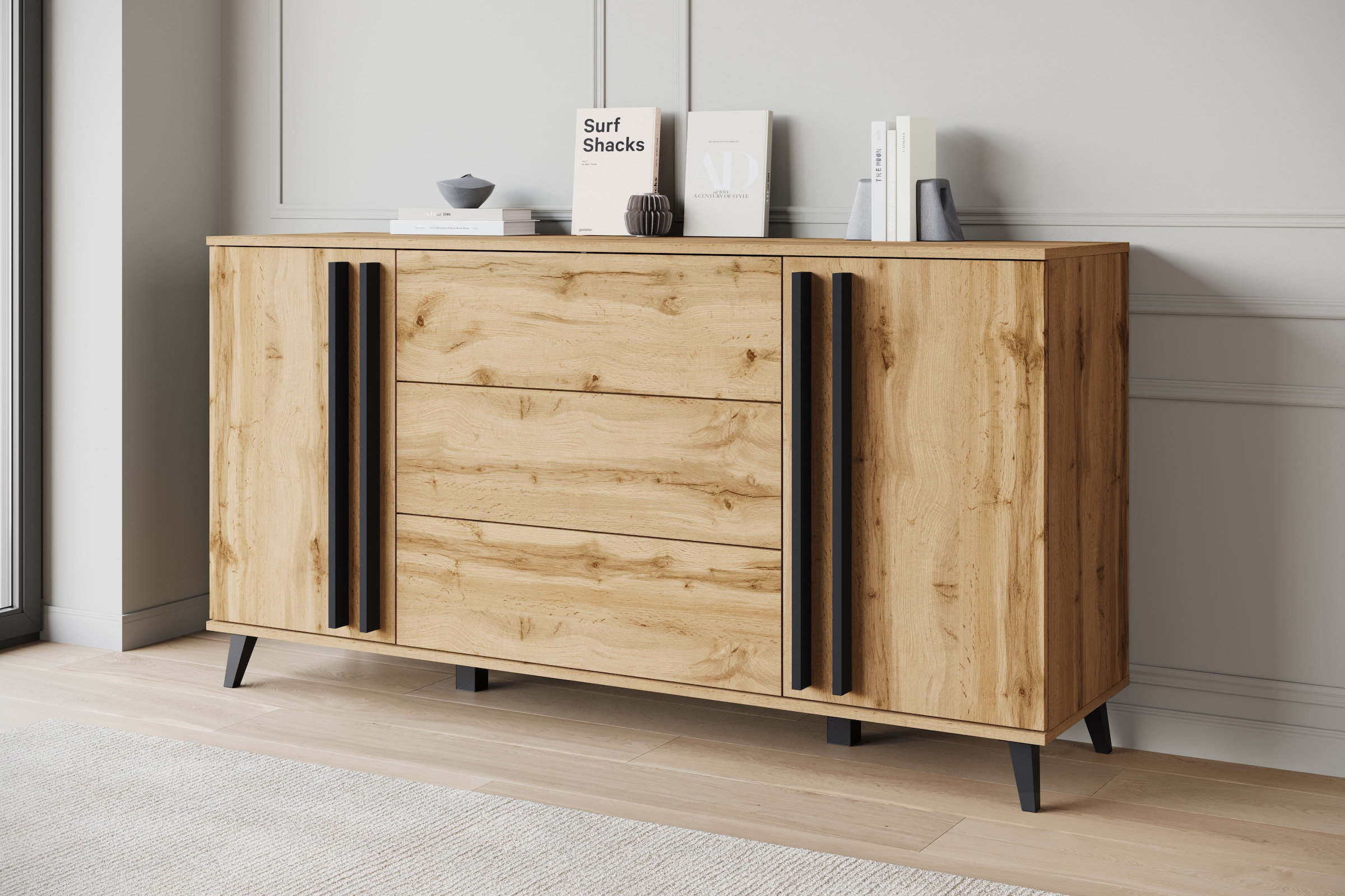 Home affaire Sideboard »Helsinki, Kommode mit 2 Türen und 3 Schubladen, Breite 150 cm« 1 Stk. tlg. Push-to-Open-Schubladen, höhenverstellbare Einlegeböden