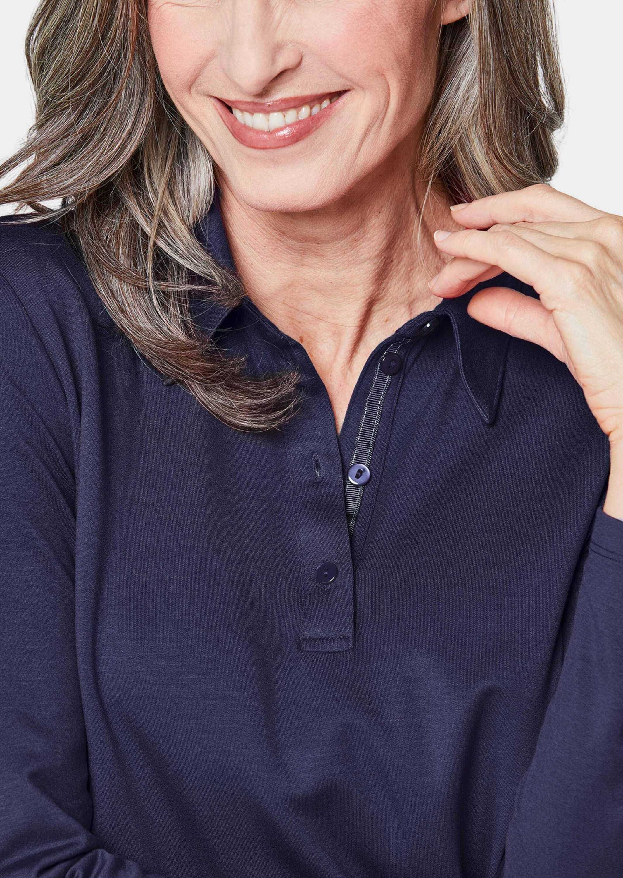 GOLDNER Poloshirt »Poloshirt Langarm Poloshirt mit Schmuckband an Knopfleiste«