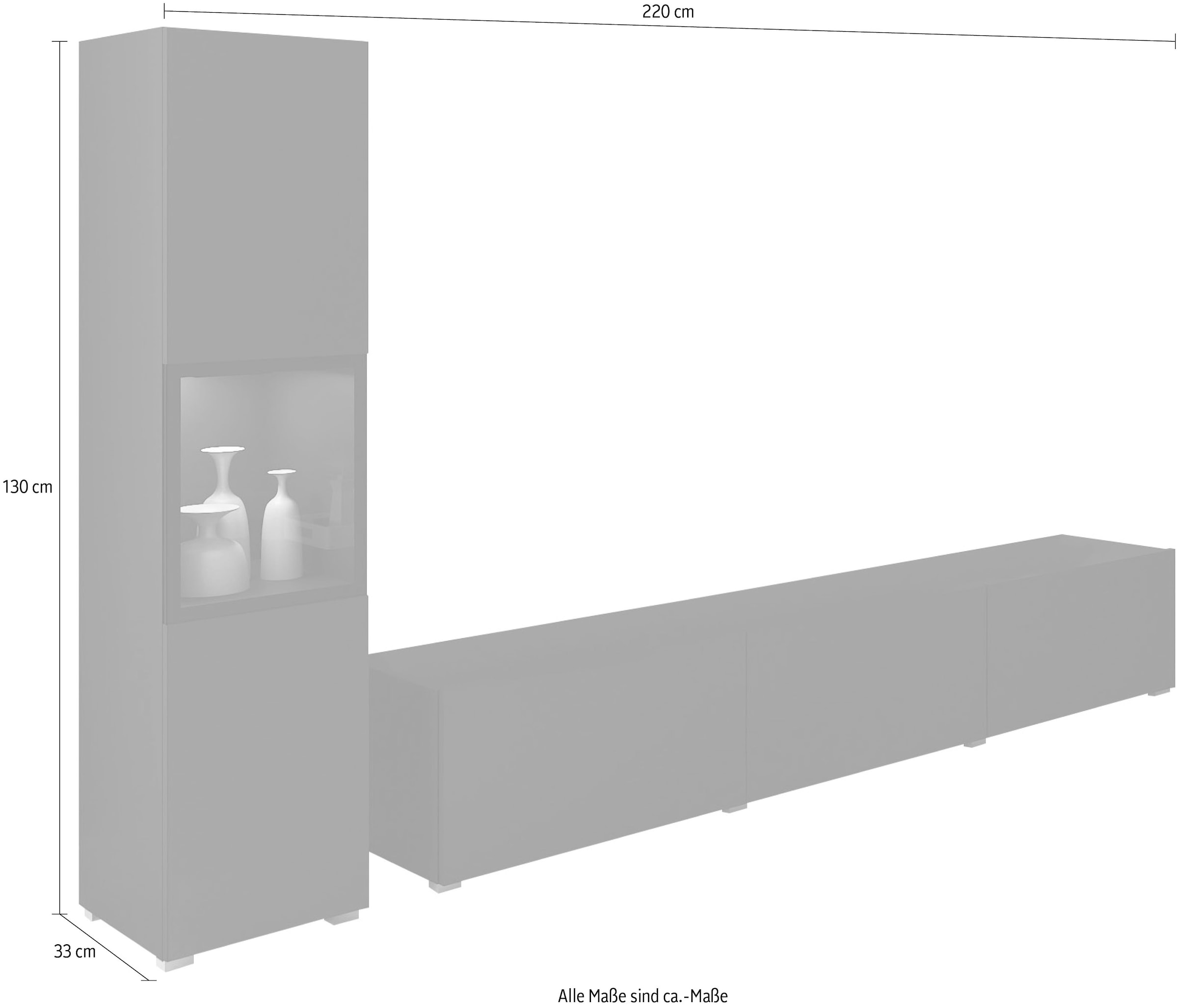 INOSIGN Wohnwand »BERLIN I, Vitrine Türschlag links/rechts wechselbar«, (Komplett-Set, 2 St.), moderne grifflose Mediawand Breite 220 cm, Vitrine mit Verglasung