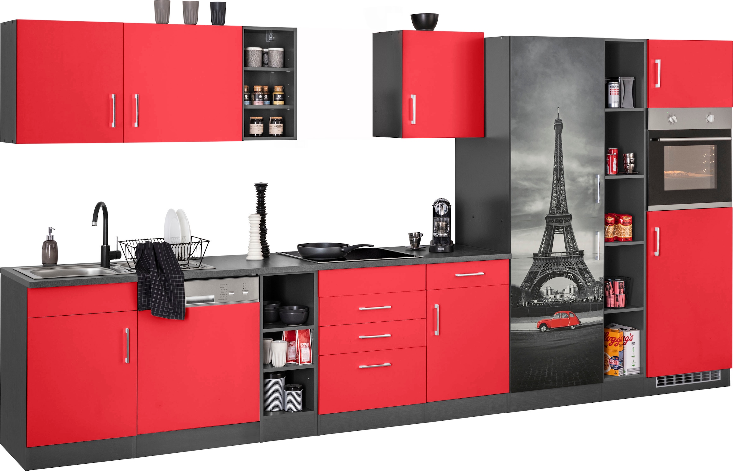KOCHSTATION Küchenzeile »KS-Paris – Küchen mit einzigartigen Fotomotiven auf den Fronten« Breite 400 cm, wahlweise mit E-Geräten und Induktion