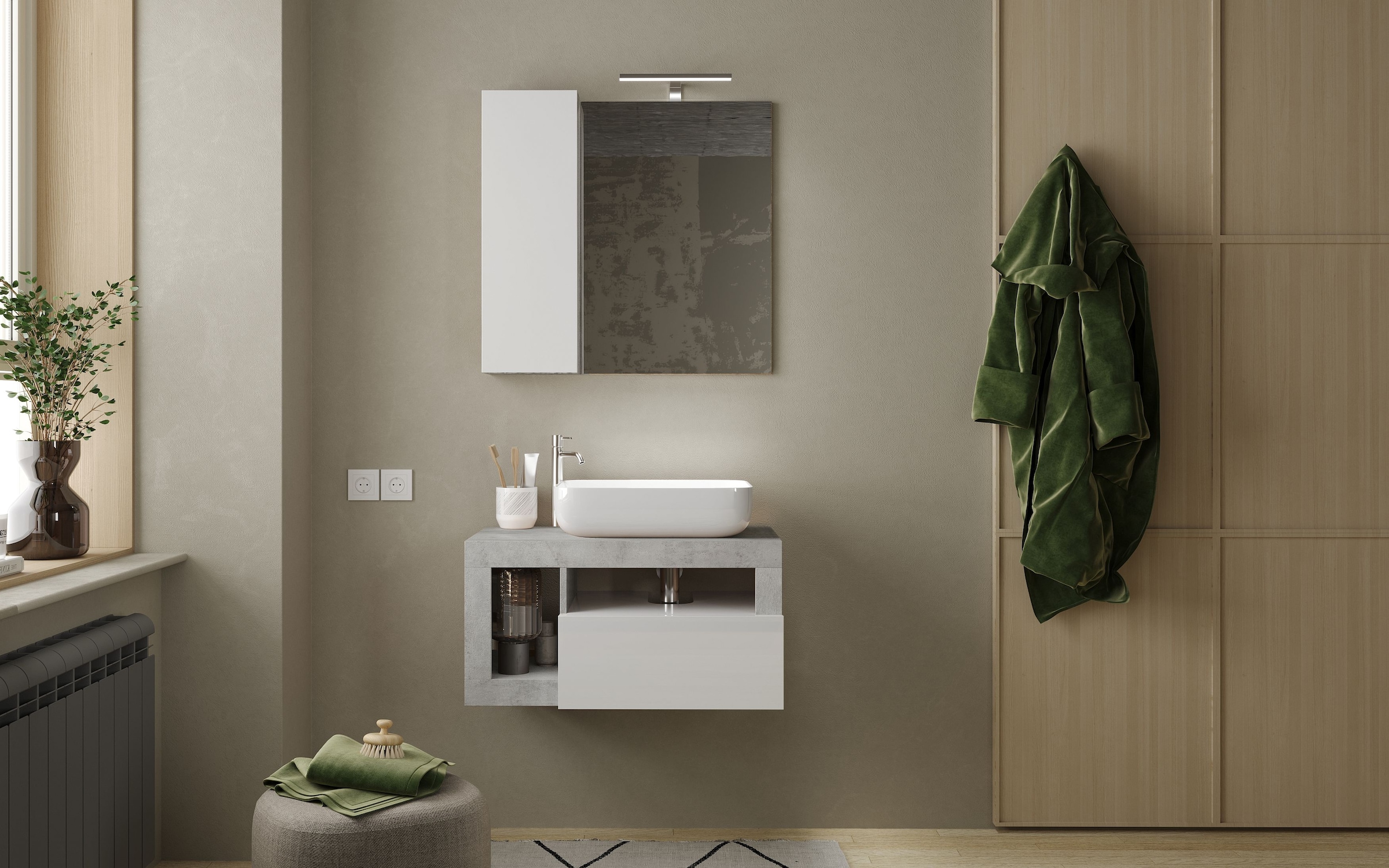 welltime Badmöbel-Set »Hamburg, Badezimmerset 2tlg. Breite 79 cm, Badmöbel, Waschtisch inkl.«, (Spar-Set, 2 St.), Waschbecken, Spiegelschrank mit LED Aufbauleuchte, Soft-Close-Funktion
