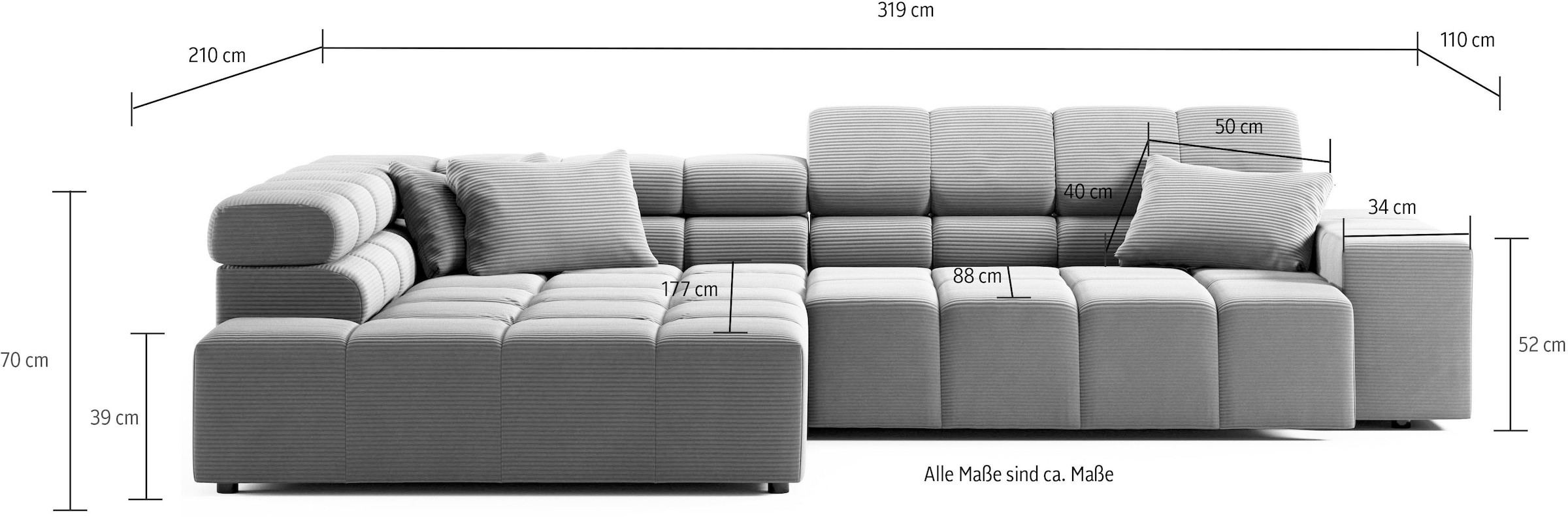INOSIGN Ecksofa »Ancona incl. Kopfteilverstellung, OTTOs Choice, Breite 319cm, L-Form«, wahlweise motorische Sitztiefenverstellung, auch in Cord + Easy Care