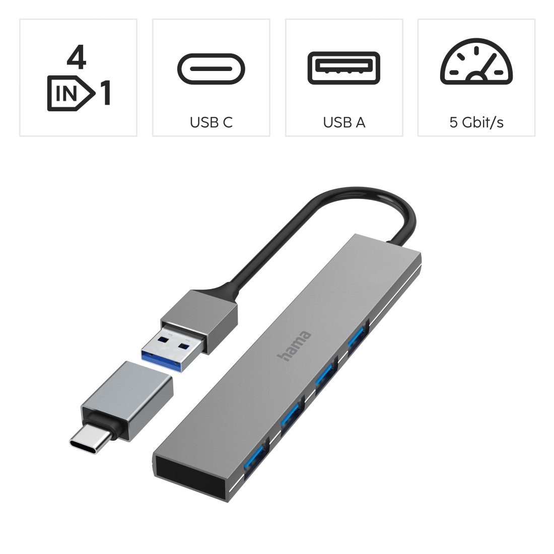 Hama USB-Adapter »USB Hub mit Adapter, 4 Ports mit USB C und USB A Stecker, Slim, grau«, USB Typ A-USB Typ C zu USB Typ A, 15 cm