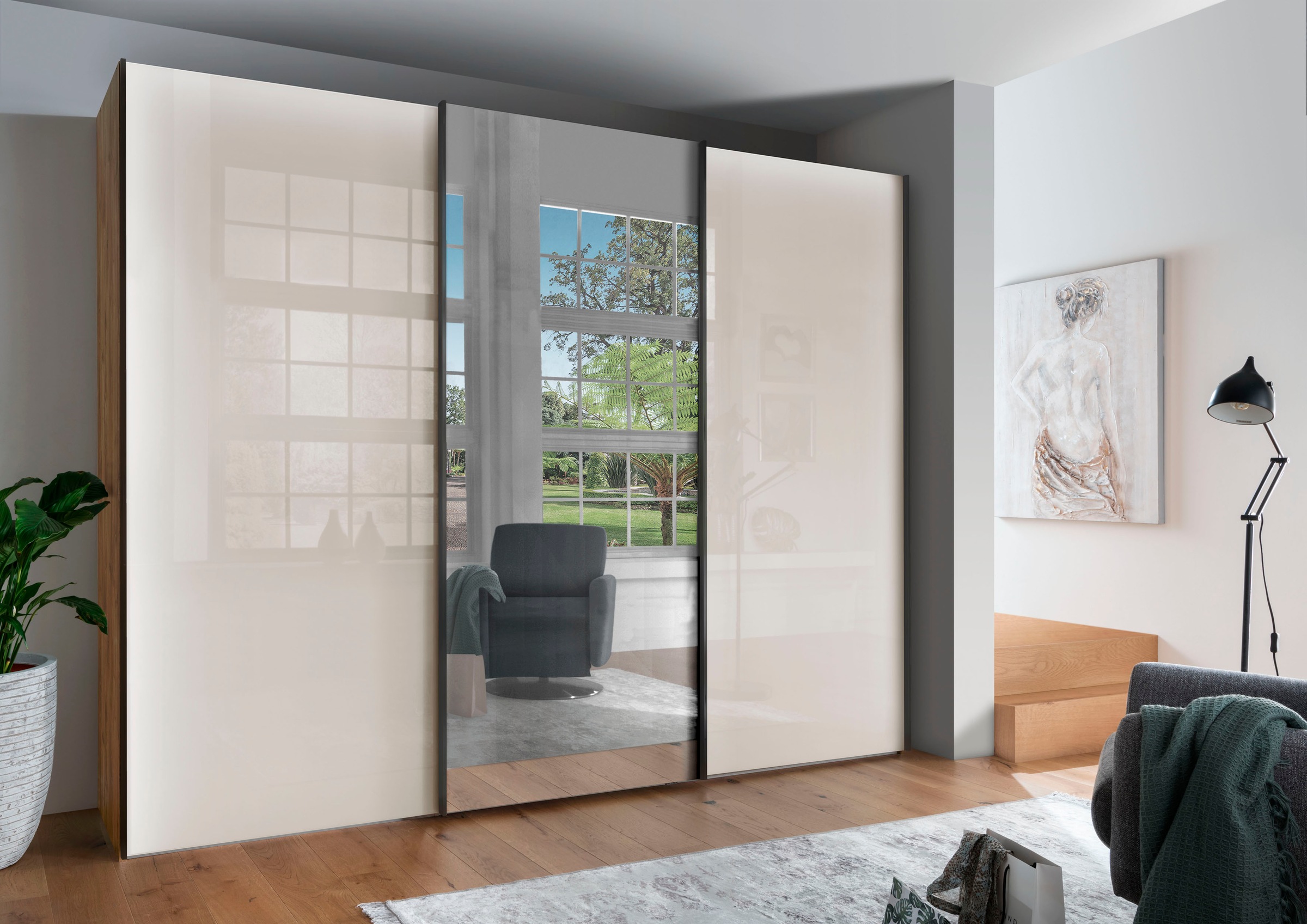 WIEMANN Schwebetürenschrank »Monaco, Kleiderschrank, Schrank, Wäscheschrank, mit Schiebetüren«, (2 Breiten, 2 Höhen 216/236 cm auswählbar, MADE IN GERMANY), hochwertige Glas- und Spiegelfront, variable Inneneinteilung