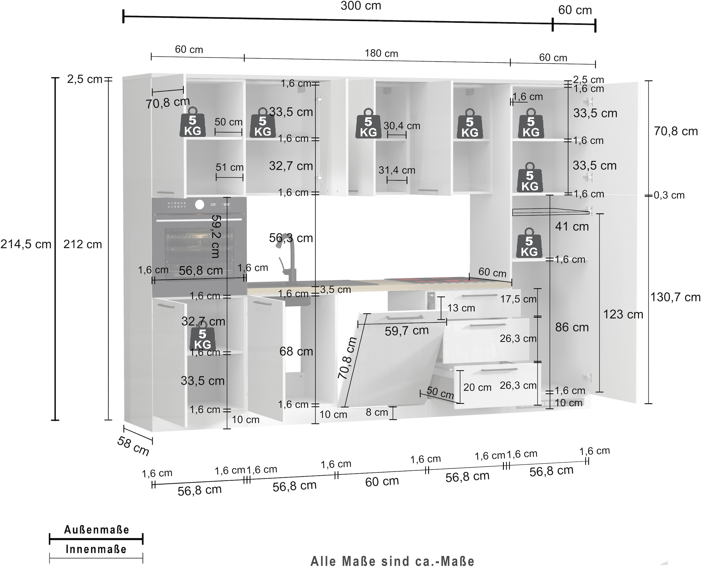KOCHSTATION Küchenzeile »KS-Luna, Einbauküche, Zeilenküche, Küchenblock« Breite 300 cm, wahlweise mit Hanseatic-E-Geräten, APL 35mm stark