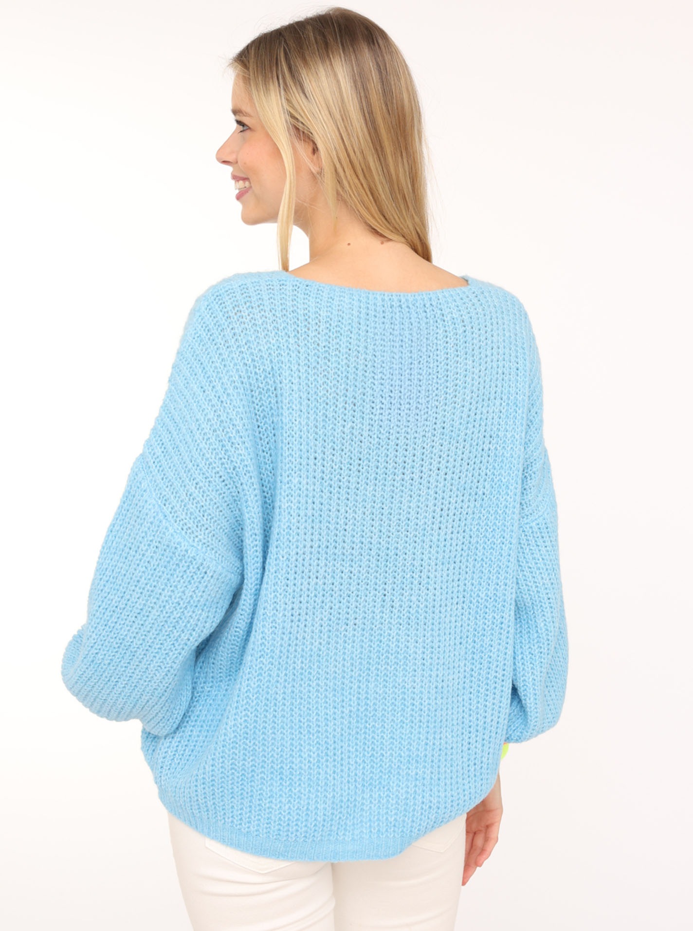 Zwillingsherz Strickpullover »"Smile"«, Langarm, One Size, V-Ausschnitt, Neon-Details, Schriftzug