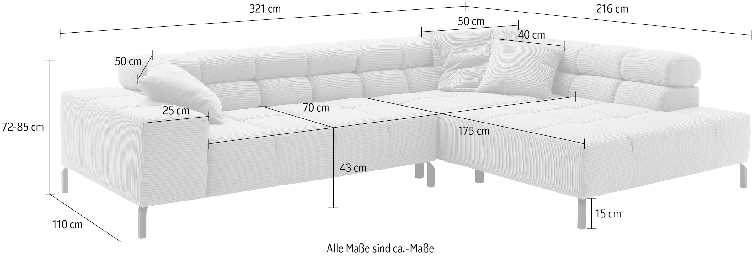 INOSIGN Ecksofa »Ancona New, wahlweise motorische Sitztiefenverstellung, auch in Cord«, feine Steppung, mit Kopfteilverstellung, 3 Zierkissen, L-Form