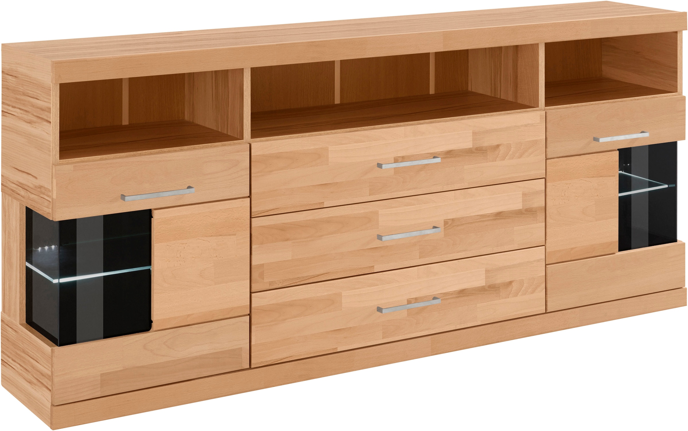 Home affaire Sideboard »Ribe,180cm breit, Fronten Massivholz,7 Fächer,Böden versetzbar«, Korpus Holzwerkstoff,Türen mit Glaseinsatz,3 breite Schubladen