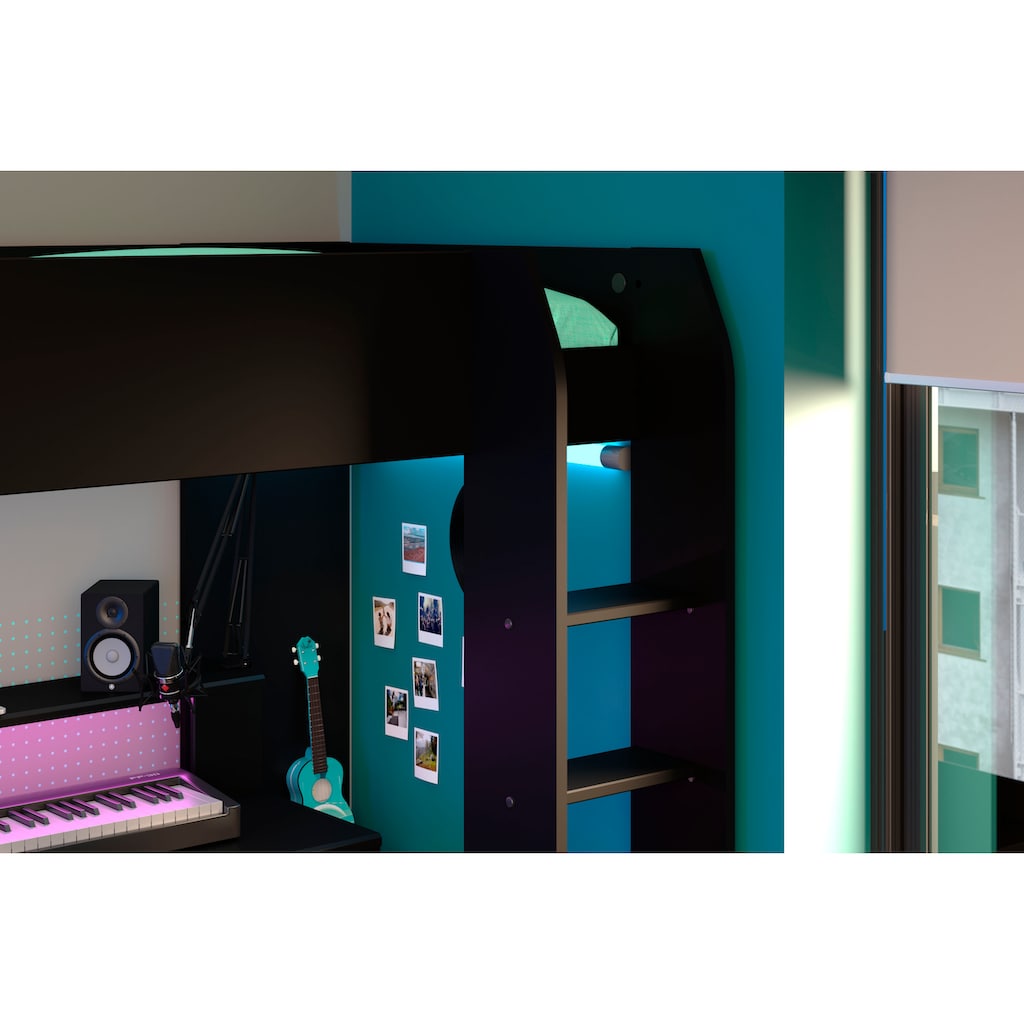 Parisot Hochbett »Gaming-Bett, mit Schreibtisch, USB Anschluss, LED, viel Stauraum«, ideal für kleine Räume, TOPSELLER!