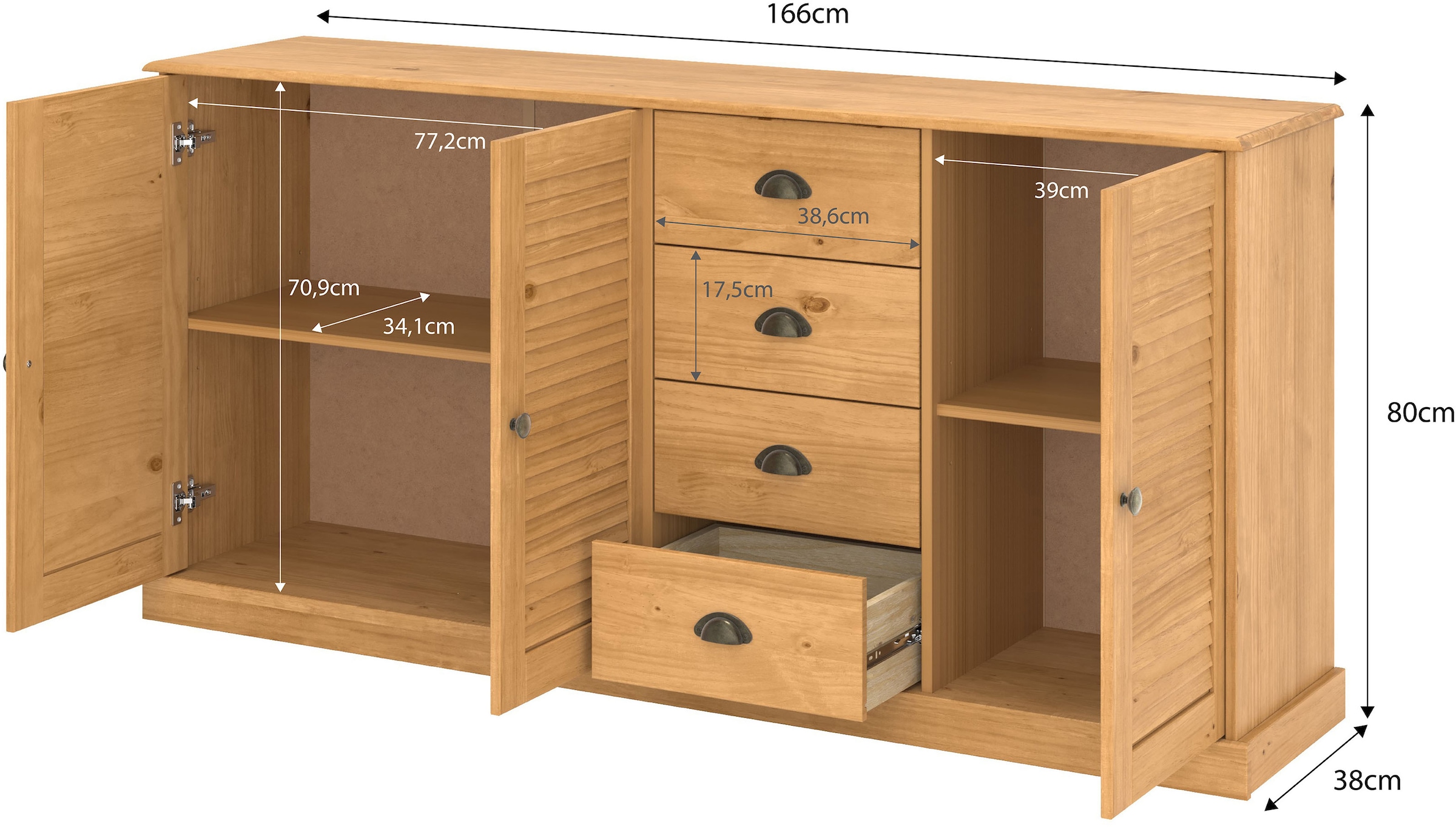 OTTO home Sideboard »Turia, mit Lamellentüren« Kommode aus massivem Kiefernholz, FSC®, 4 Schubkasten, Breite 166 cm