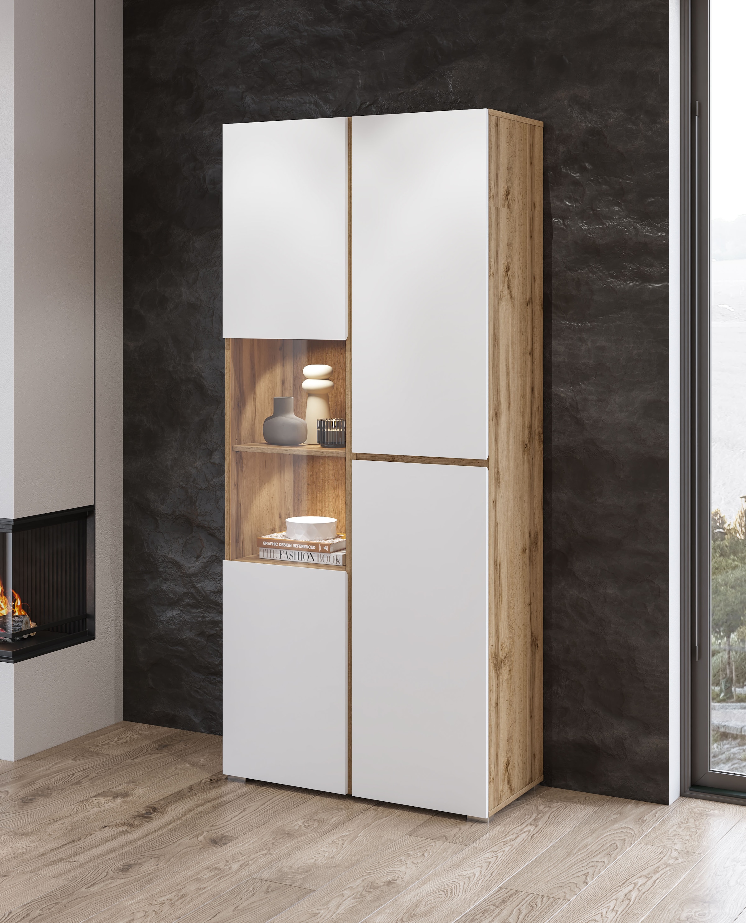 INOSIGN Vitrine »Cross, Höhe 183,5 cm, moderne grifflose Standvitrine mit 3 Türen«, Hochschrank mit viel Stauraum, Glastür und verstellbaren Einlegeböden
