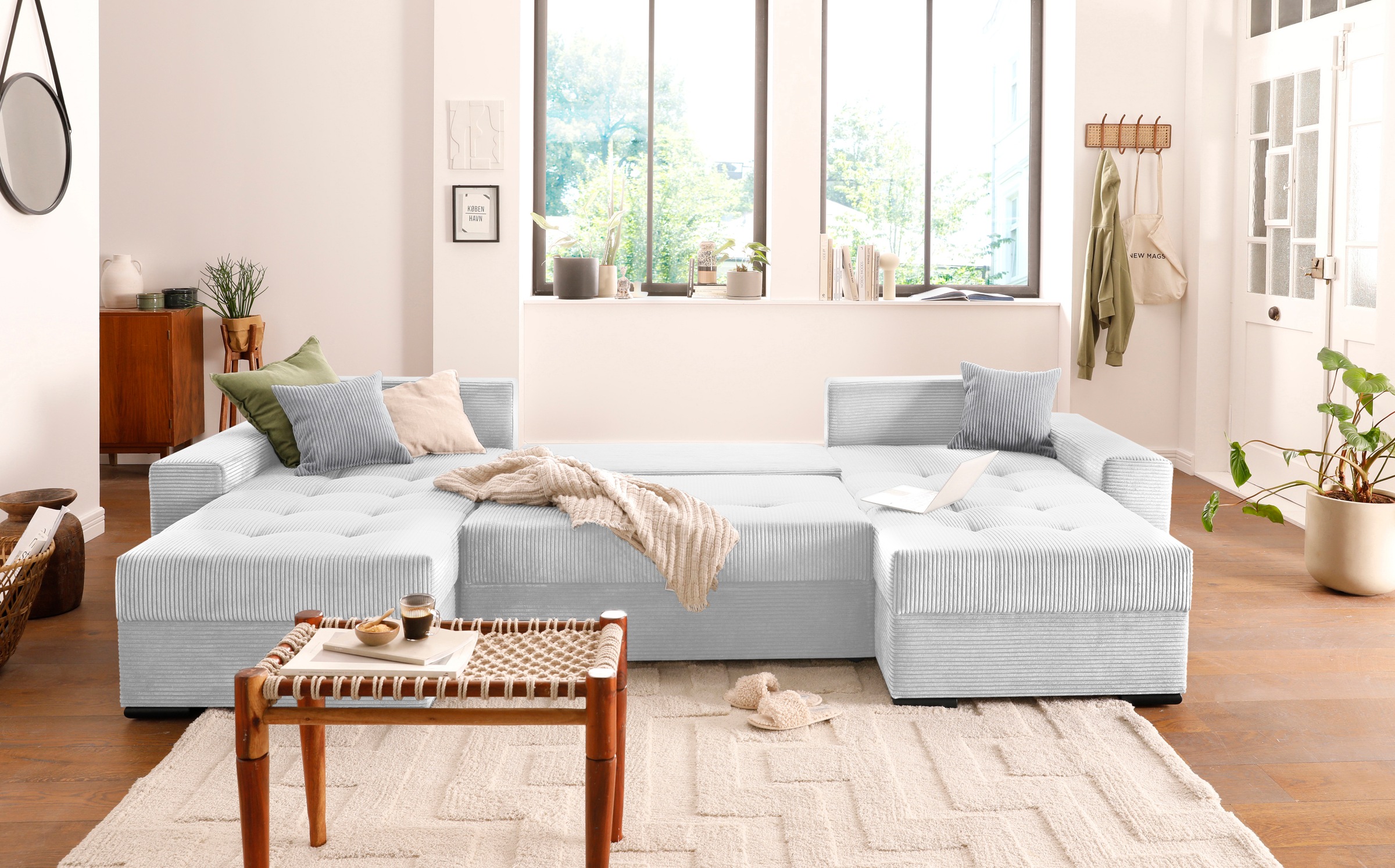 COLLECTION AB Wohnlandschaft »Josy XL U-Form, B: 313 cm in Cord, Cord-Mix« mit Bettfunktion, Bettkasten & 2 Zierkissen, Federkern