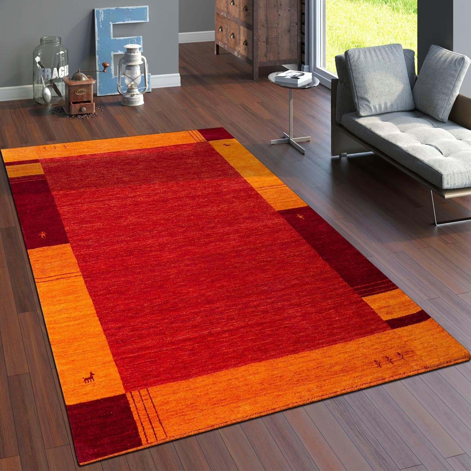 Paco Home Wollteppich »Gabbeh 306« rechteckig 14 mm Höhe Kurzflor, handgewebt, reine Wolle, Gabbeh-Stil, mit Bordüre