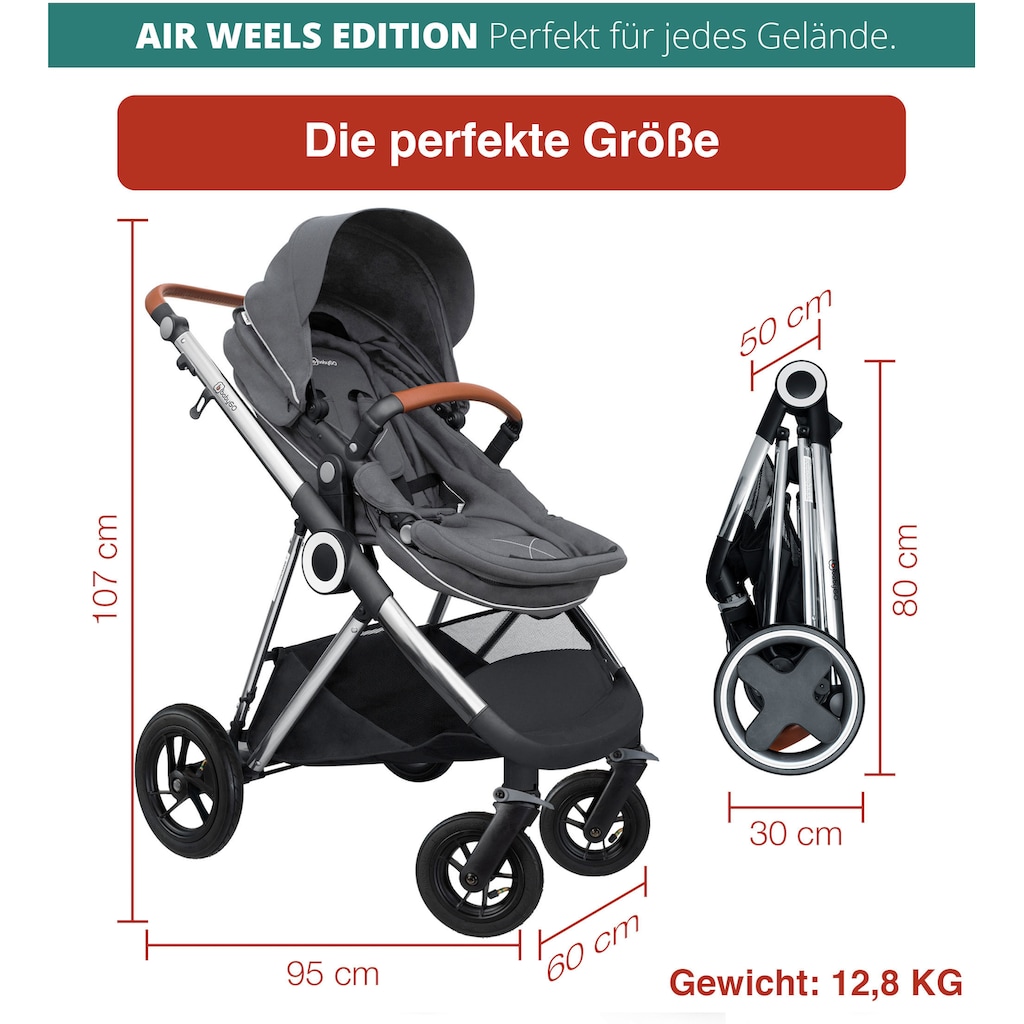 BabyGo Kombi-Kinderwagen »Halime AIR 3in1, Grey Silver«, mit Luftreifen, inkl. Babywanne, Babyschale, Regenhaube & Wickeltasche
