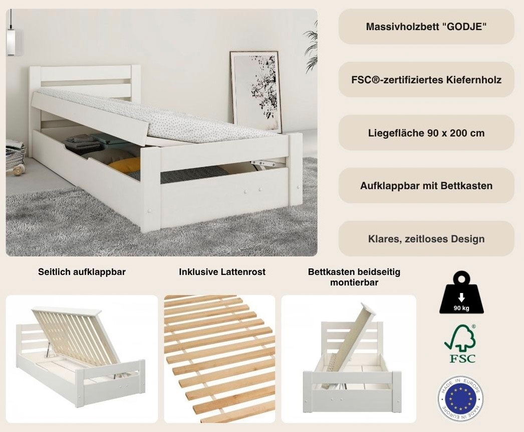 OTTO home Massivholzbett »"GODJE ", TOPSELLER, zertifiziertes Massivholz (Kiefer)« Bettkasten beidseitig montierbar (rechts oder links zu öffnen),  seitlich aufklappbarer Bettkasten mit viel Stauraum, skandinavisch