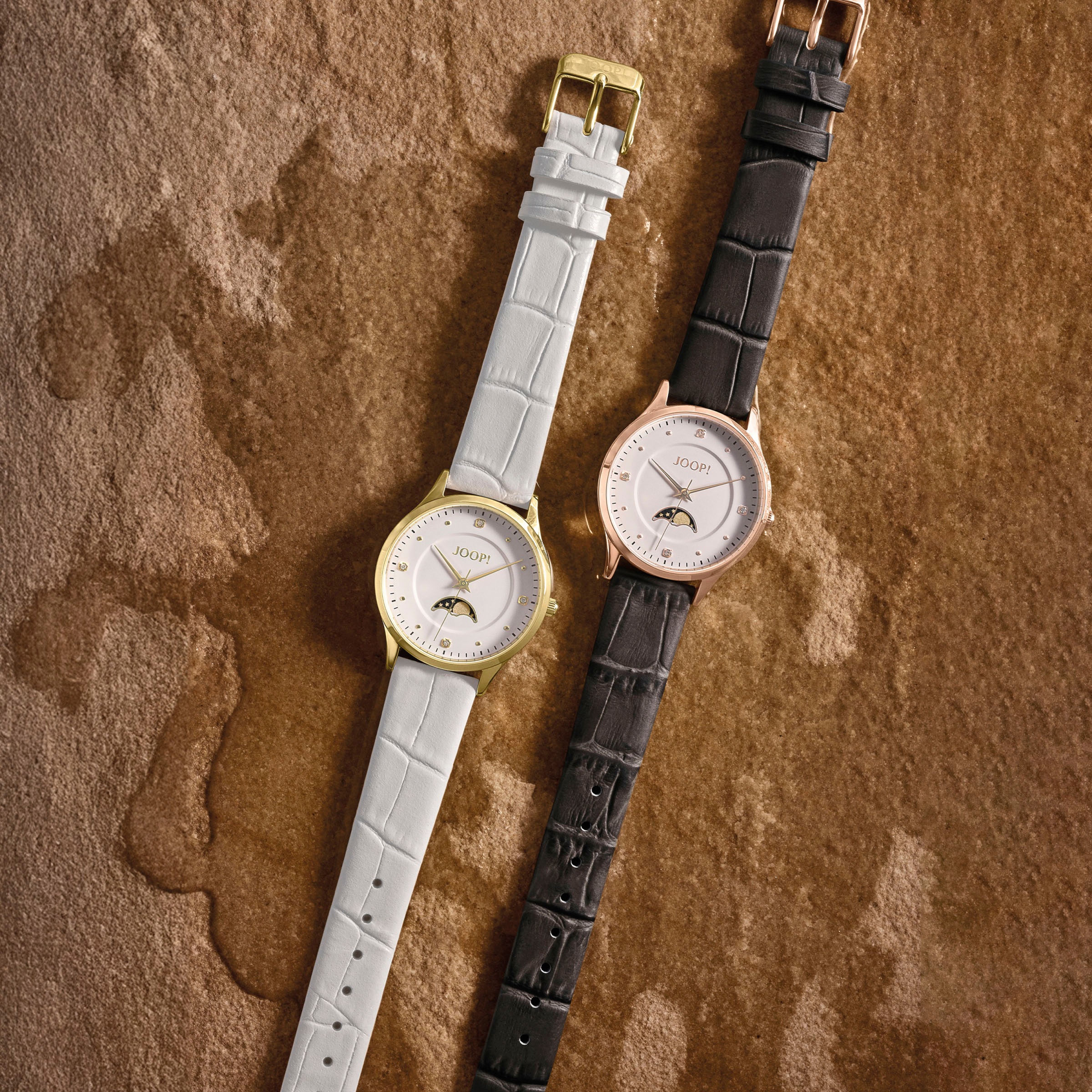 JOOP! Quarzuhr, Armbanduhr, Damenuhr, Lederarmband, analog,Zirkonia (synth.),Mondphase