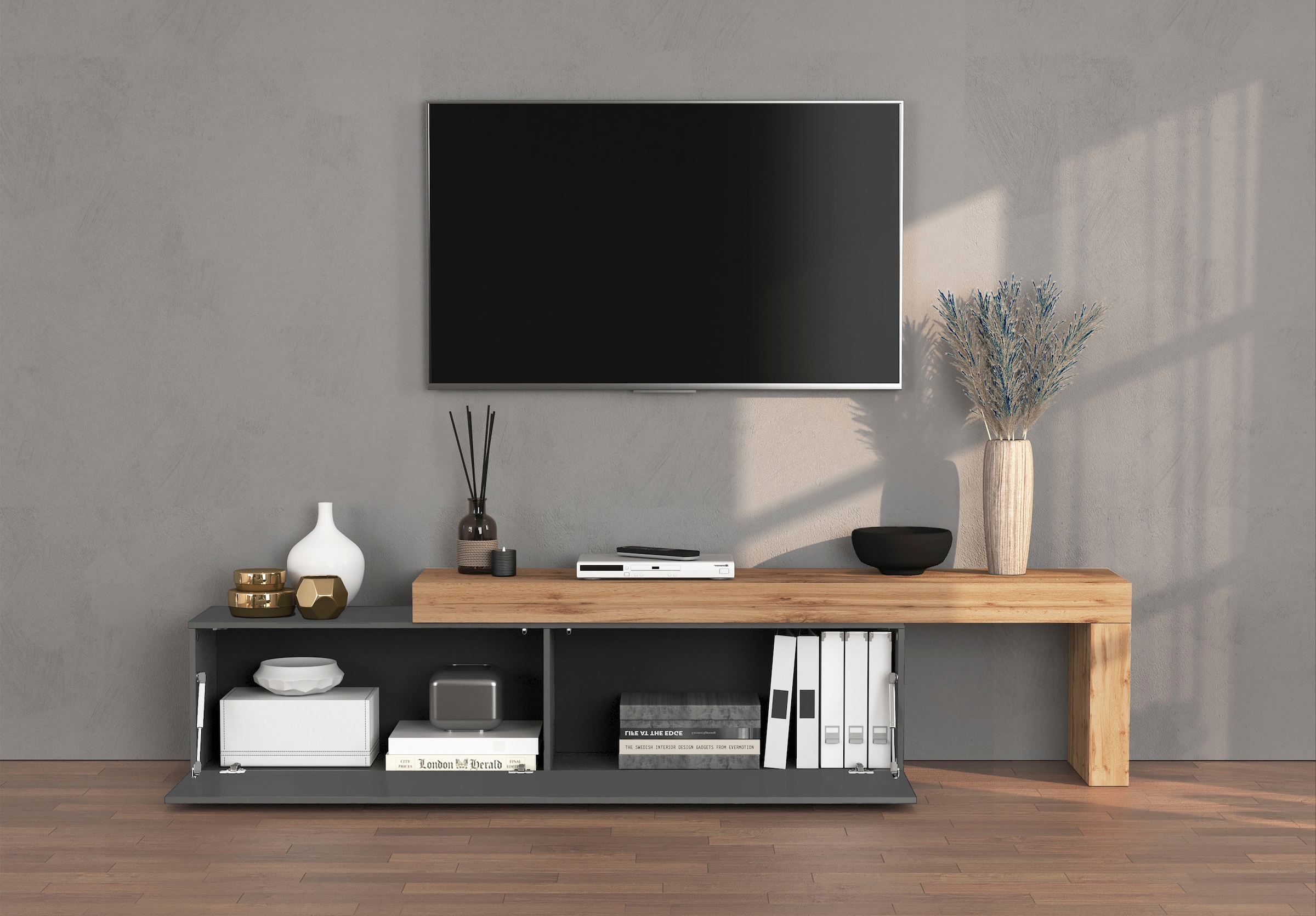 INOSIGN Lowboard »Chronos TV-Board, TV-Schrank« Breite verstellbar von 190 bis 350 cm, 1 Stk. tlg. Breite 270 cm TV-Board,Lowboard,1 Klappe und ein L-Förmiger Aufsatz