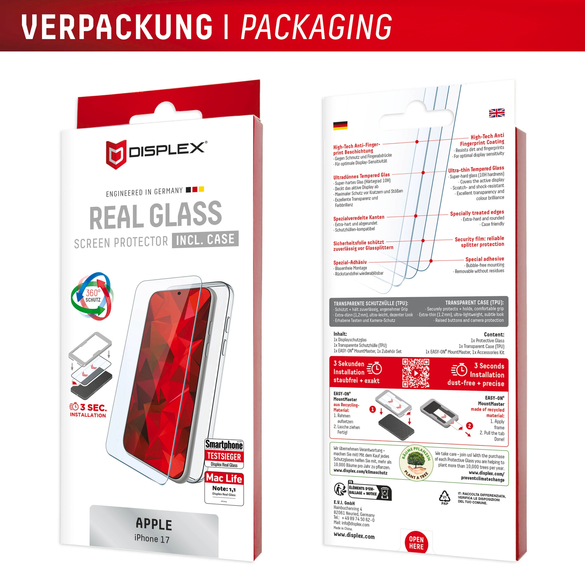 Displex Displayschutzglas »Real Glass Screen Protector + Case mit EASY-ON MountMaster« für Apple iPhone 17 Displayschutzfolie, Schutzfolie, Bildschirmschutz, kratz- & stoßfest