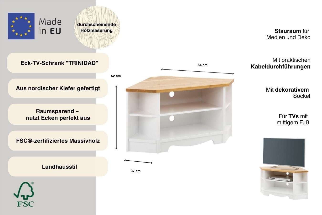 OTTO home Lowboard »Trinidad, TV-Schrank, Eck-TV -Schrank« Kommode, Breite 105 cm,  FSC® zertifiziertes Massivholz