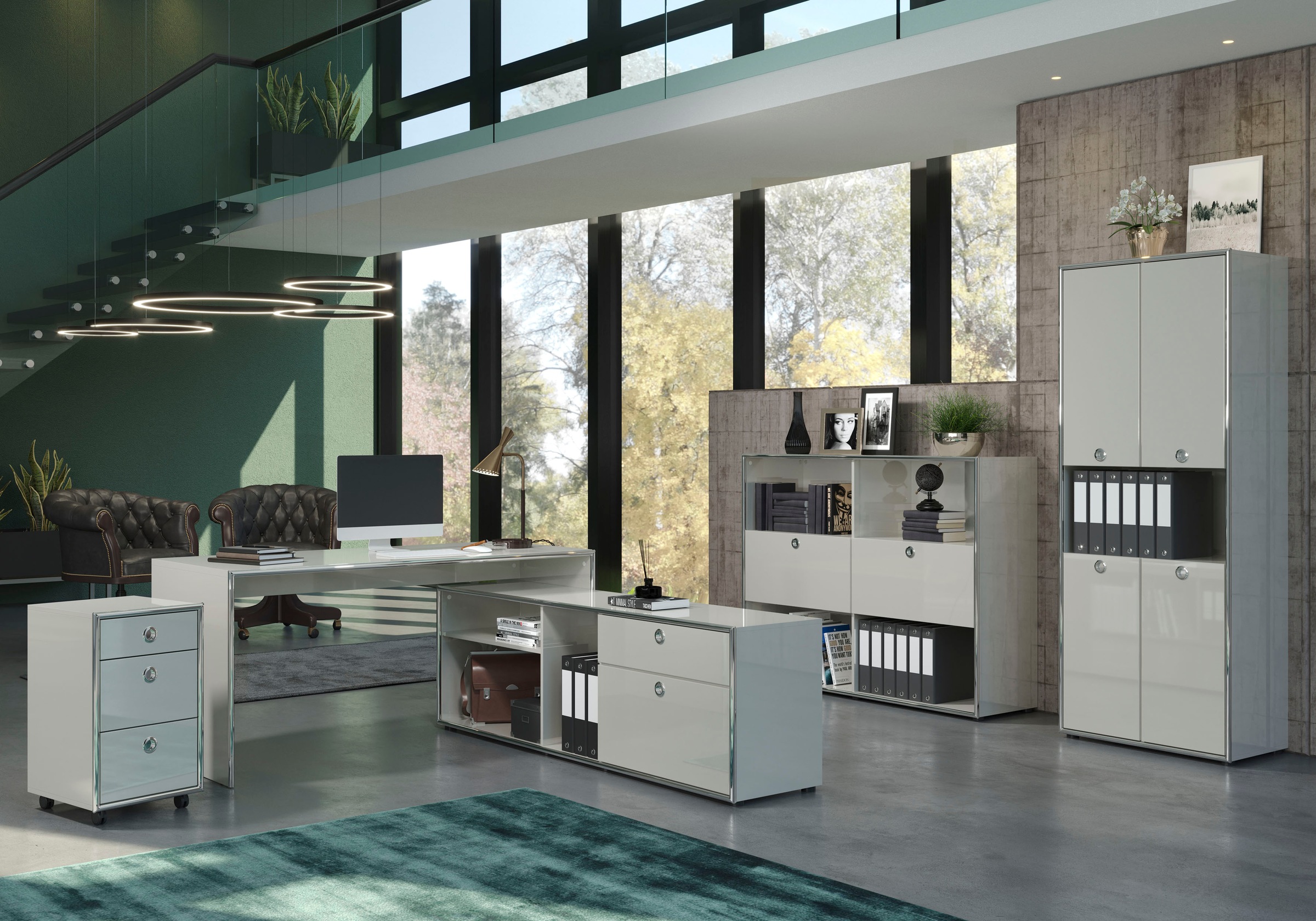 Places of Style Schrank-Set »Imperia«, (Set, 2 St., Infinity), Schreibtisch mit Lowboard in eleganter Hochglanzoptik und Chromrahmen
