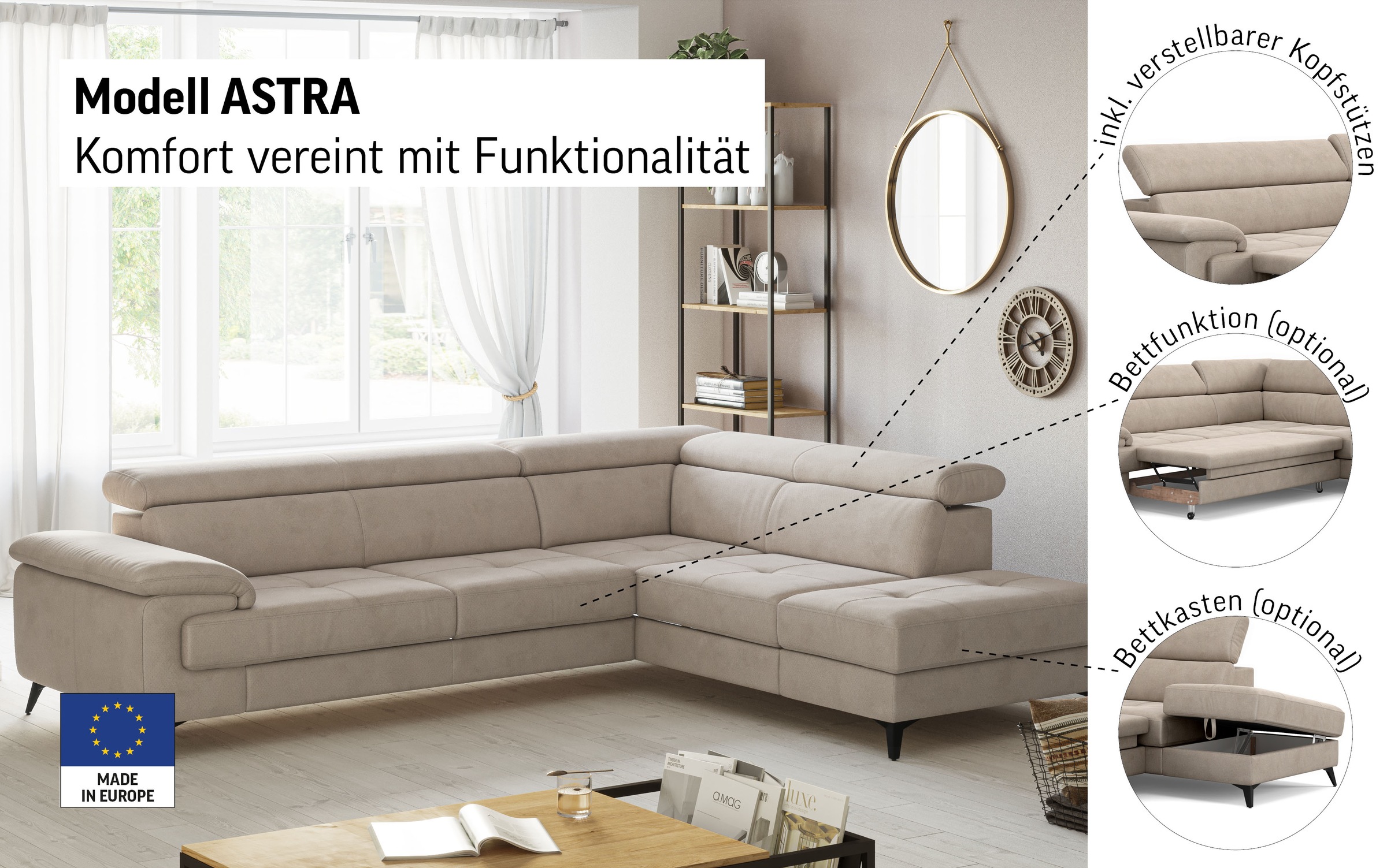 COTTA Ecksofa »Astra L-Form, B: 286 cm« mit Kopfteilverstellung, optional Bettfunktion & Bettkasten